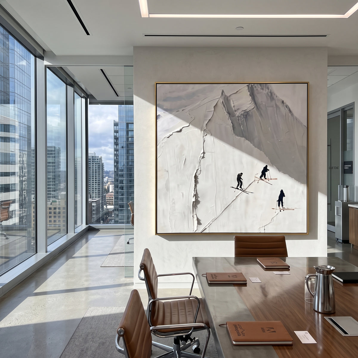 White Peak Three Skiers focuses on three dark skiers passing below a sharp raised white mountain face. The artwork shows a winter ski scene built from the actual image: visible downhill figures, curved snow tracks, raised ridgelines, and alpine space arranged in a balanced composition. The white, gray, black palette gives the piece a cold mountain atmosphere while the thick impasto surface creates shadows along each snowbank, ski line, and textured ridge. This is presented as hand-painted