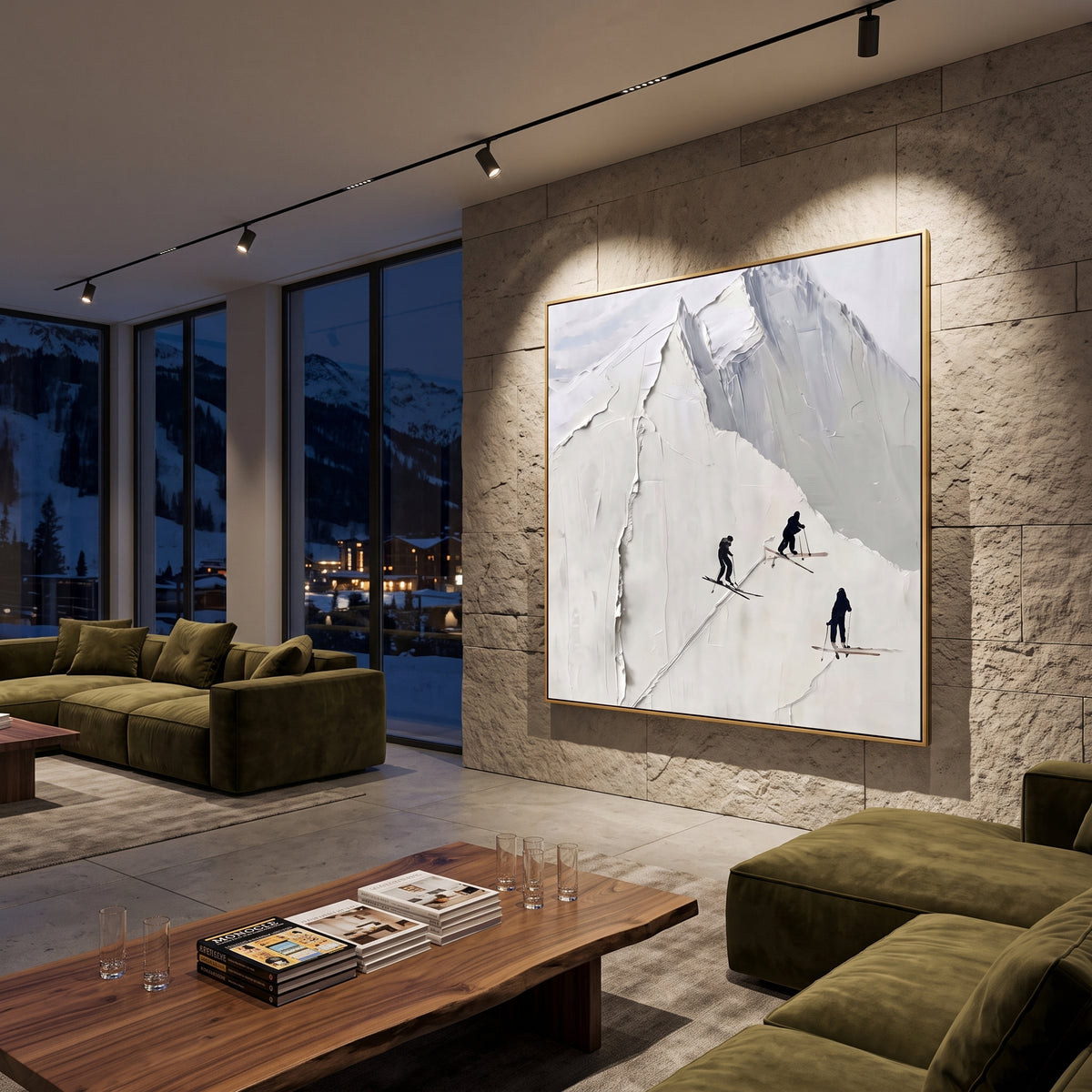 White Peak Three Skiers focuses on three dark skiers passing below a sharp raised white mountain face. The artwork shows a winter ski scene built from the actual image: visible downhill figures, curved snow tracks, raised ridgelines, and alpine space arranged in a balanced composition. The white, gray, black palette gives the piece a cold mountain atmosphere while the thick impasto surface creates shadows along each snowbank, ski line, and textured ridge. This is presented as hand-painted
