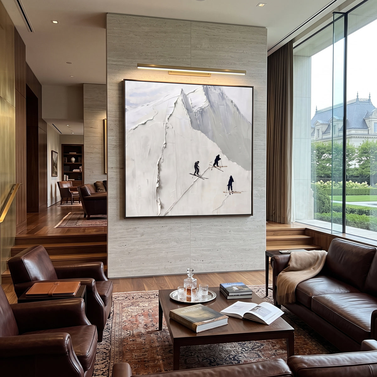 White Peak Three Skiers focuses on three dark skiers passing below a sharp raised white mountain face. The artwork shows a winter ski scene built from the actual image: visible downhill figures, curved snow tracks, raised ridgelines, and alpine space arranged in a balanced composition. The white, gray, black palette gives the piece a cold mountain atmosphere while the thick impasto surface creates shadows along each snowbank, ski line, and textured ridge. This is presented as hand-painted
