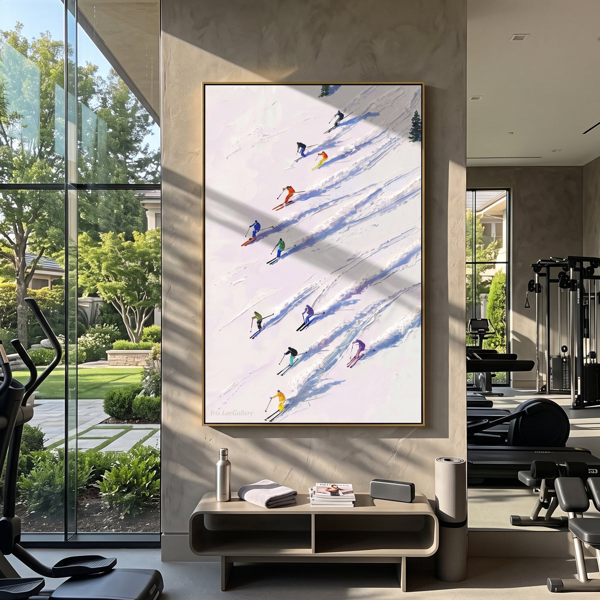Pine Texture Run With Pine Shadows focuses on a calm mountain basin with crisp tracks, snow shelves, and small skiers. The artwork shows a winter ski scene built from the actual image: visible downhill figures, curved snow tracks, raised ridgelines, and alpine space arranged in a tall composition. The blue, white, orange palette gives the piece a cold mountain atmosphere while the thick impasto surface creates shadows along each snowbank, ski line, and textured ridge. This is presented as