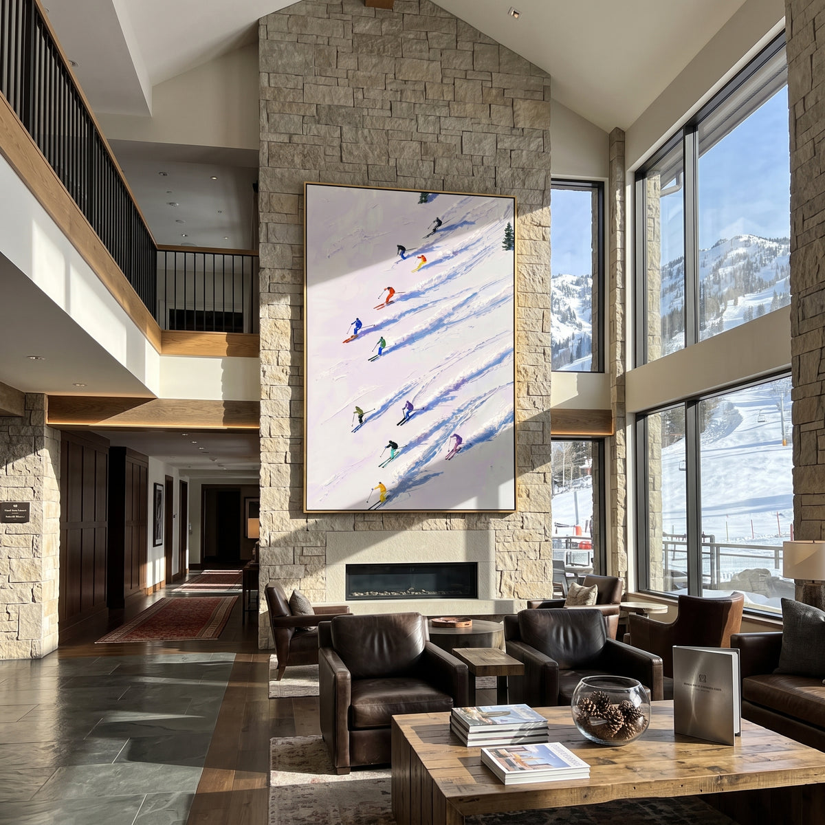 Pine Texture Run With Pine Shadows focuses on a calm mountain basin with crisp tracks, snow shelves, and small skiers. The artwork shows a winter ski scene built from the actual image: visible downhill figures, curved snow tracks, raised ridgelines, and alpine space arranged in a tall composition. The blue, white, orange palette gives the piece a cold mountain atmosphere while the thick impasto surface creates shadows along each snowbank, ski line, and textured ridge. This is presented as