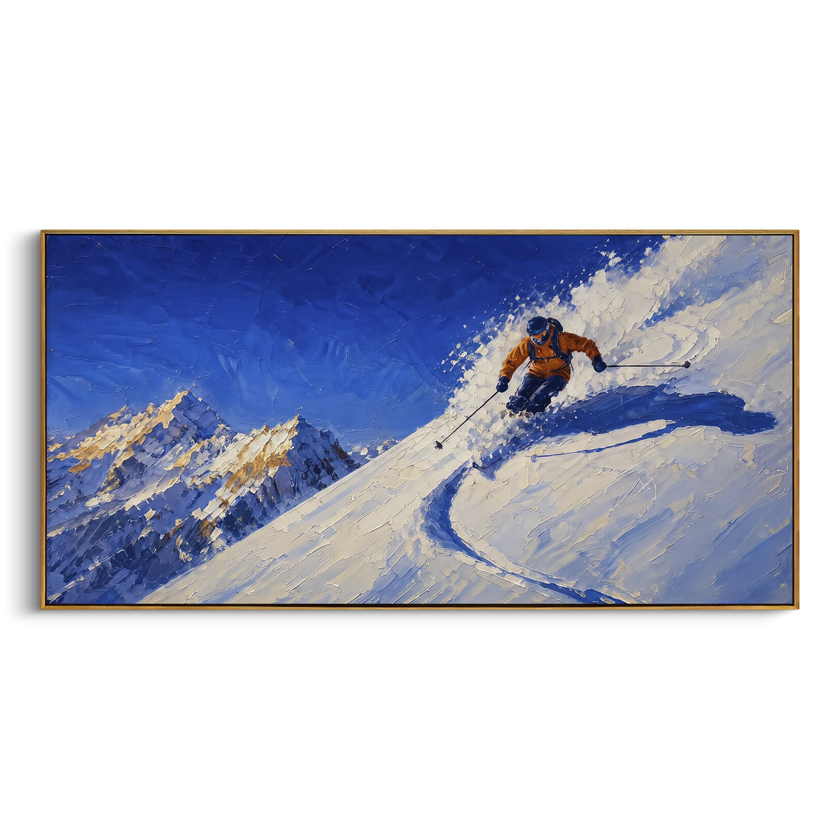 Orange Powder Turn Skier focuses on a single orange skier carving a blue shadowed turn across a ridge. The artwork shows a winter ski scene built from the actual image: visible downhill figures, curved snow tracks, raised ridgelines, and alpine space arranged in a wide composition. The blue, orange, white palette gives the piece a cold mountain atmosphere while the thick impasto surface creates shadows along each snowbank, ski line, and textured ridge. This is presented as hand-painted textured
