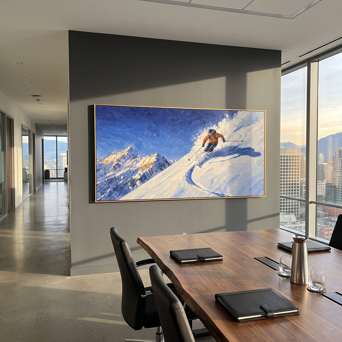 Orange Powder Turn Skier focuses on a single orange skier carving a blue shadowed turn across a ridge. The artwork shows a winter ski scene built from the actual image: visible downhill figures, curved snow tracks, raised ridgelines, and alpine space arranged in a wide composition. The blue, orange, white palette gives the piece a cold mountain atmosphere while the thick impasto surface creates shadows along each snowbank, ski line, and textured ridge. This is presented as hand-painted textured