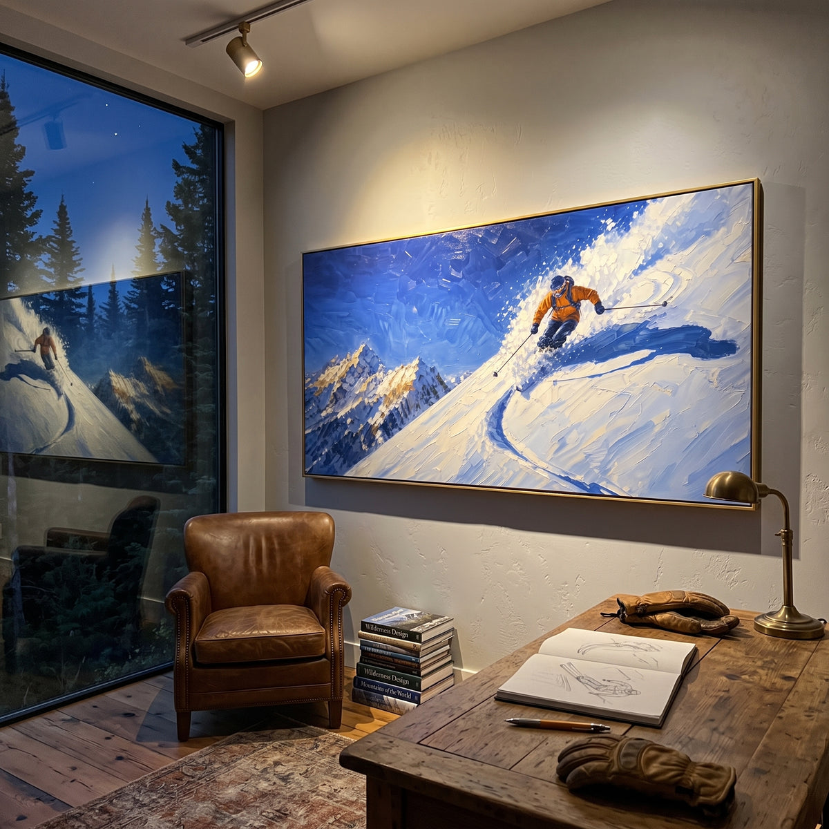 Orange Powder Turn Skier focuses on a single orange skier carving a blue shadowed turn across a ridge. The artwork shows a winter ski scene built from the actual image: visible downhill figures, curved snow tracks, raised ridgelines, and alpine space arranged in a wide composition. The blue, orange, white palette gives the piece a cold mountain atmosphere while the thick impasto surface creates shadows along each snowbank, ski line, and textured ridge. This is presented as hand-painted textured