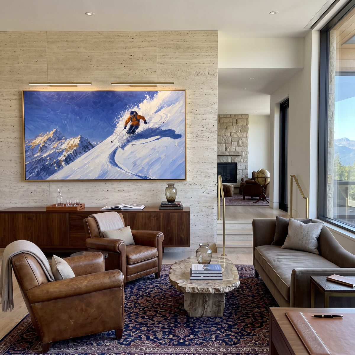 Orange Powder Turn Skier focuses on a single orange skier carving a blue shadowed turn across a ridge. The artwork shows a winter ski scene built from the actual image: visible downhill figures, curved snow tracks, raised ridgelines, and alpine space arranged in a wide composition. The blue, orange, white palette gives the piece a cold mountain atmosphere while the thick impasto surface creates shadows along each snowbank, ski line, and textured ridge. This is presented as hand-painted textured