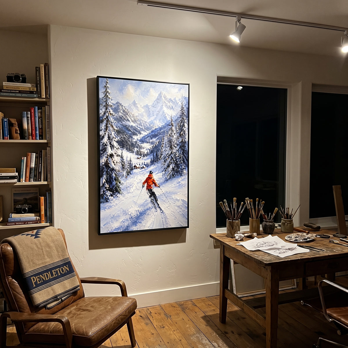 Orange Jacket Forest Descent focuses on an orange jacket skier moving down a pine valley toward distant sharp peaks. The artwork shows a winter ski scene built from the actual image: visible downhill figures, curved snow tracks, raised ridgelines, and alpine space arranged in a tall composition. The orange, blue, white palette gives the piece a cold mountain atmosphere while the thick impasto surface creates shadows along each snowbank, ski line, and textured ridge. This is presented as