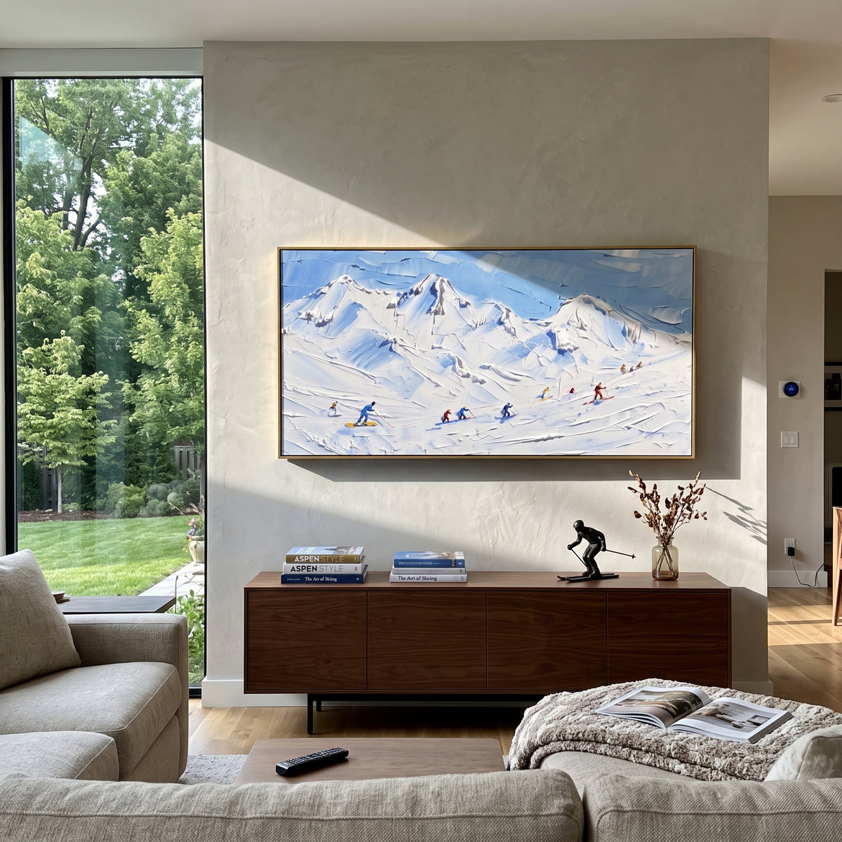 Ridge Snow Corridors With Pine Shadows focuses on a forest-framed ski descent with clustered pines and winding carved tracks. The artwork shows a winter ski scene built from the actual image: visible downhill figures, curved snow tracks, raised ridgelines, and alpine space arranged in a wide composition. The white, green, blue palette gives the piece a cold mountain atmosphere while the thick impasto surface creates shadows along each snowbank, ski line, and textured ridge. This is presented as