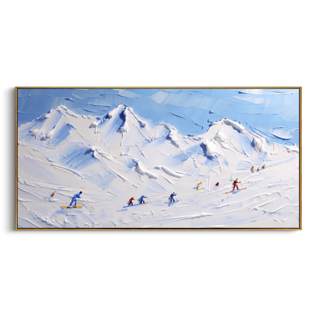 Ridge Snow Corridors With Pine Shadows focuses on a forest-framed ski descent with clustered pines and winding carved tracks. The artwork shows a winter ski scene built from the actual image: visible downhill figures, curved snow tracks, raised ridgelines, and alpine space arranged in a wide composition. The white, green, blue palette gives the piece a cold mountain atmosphere while the thick impasto surface creates shadows along each snowbank, ski line, and textured ridge. This is presented as