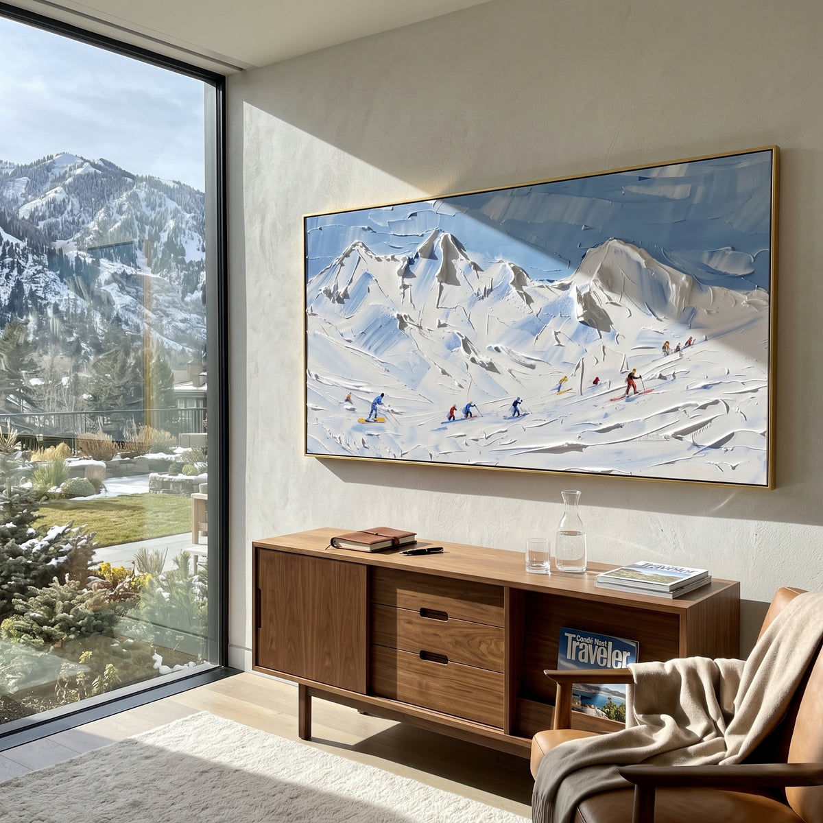 Ridge Snow Corridors With Pine Shadows focuses on a forest-framed ski descent with clustered pines and winding carved tracks. The artwork shows a winter ski scene built from the actual image: visible downhill figures, curved snow tracks, raised ridgelines, and alpine space arranged in a wide composition. The white, green, blue palette gives the piece a cold mountain atmosphere while the thick impasto surface creates shadows along each snowbank, ski line, and textured ridge. This is presented as