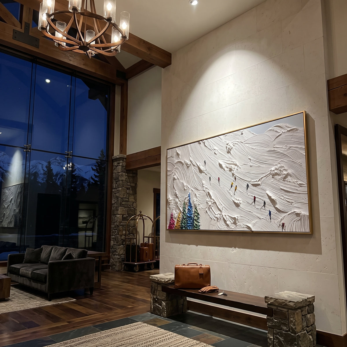 White Snow Trail With Pine Shadows focuses on a calm mountain basin with crisp tracks, snow shelves, and small skiers. The artwork shows a winter ski scene built from the actual image: visible downhill figures, curved snow tracks, raised ridgelines, and alpine space arranged in a wide composition. The white, black, gray palette gives the piece a cold mountain atmosphere while the thick impasto surface creates shadows along each snowbank, ski line, and textured ridge. This is presented as