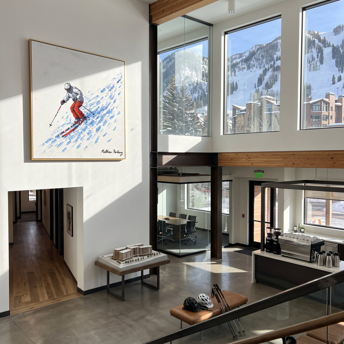Orange Pants Powder Skier focuses on a close skier in orange pants cutting through blue snow spray. The artwork shows a winter ski scene built from the actual image: visible downhill figures, curved snow tracks, raised ridgelines, and alpine space arranged in a balanced composition. The orange, blue, white palette gives the piece a cold mountain atmosphere while the thick impasto surface creates shadows along each snowbank, ski line, and textured ridge. This is presented as hand-painted textured