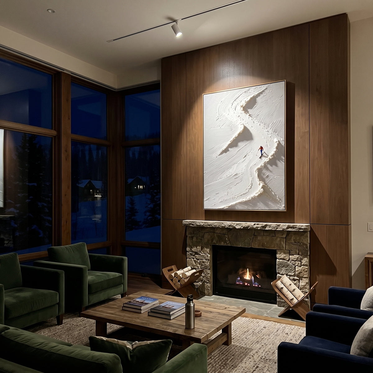 Carved Ski Tracks With Pine Shadows focuses on a forest-framed ski descent with clustered pines and winding carved tracks. The artwork shows a winter ski scene built from the actual image: visible downhill figures, curved snow tracks, raised ridgelines, and alpine space arranged in a tall composition. The white, blue, gray palette gives the piece a cold mountain atmosphere while the thick impasto surface creates shadows along each snowbank, ski line, and textured ridge. This is presented as