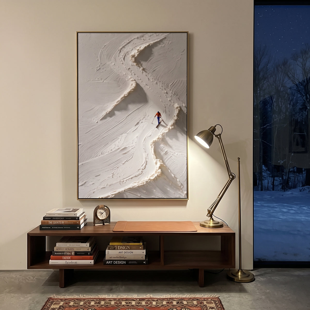 Carved Ski Tracks With Pine Shadows focuses on a forest-framed ski descent with clustered pines and winding carved tracks. The artwork shows a winter ski scene built from the actual image: visible downhill figures, curved snow tracks, raised ridgelines, and alpine space arranged in a tall composition. The white, blue, gray palette gives the piece a cold mountain atmosphere while the thick impasto surface creates shadows along each snowbank, ski line, and textured ridge. This is presented as