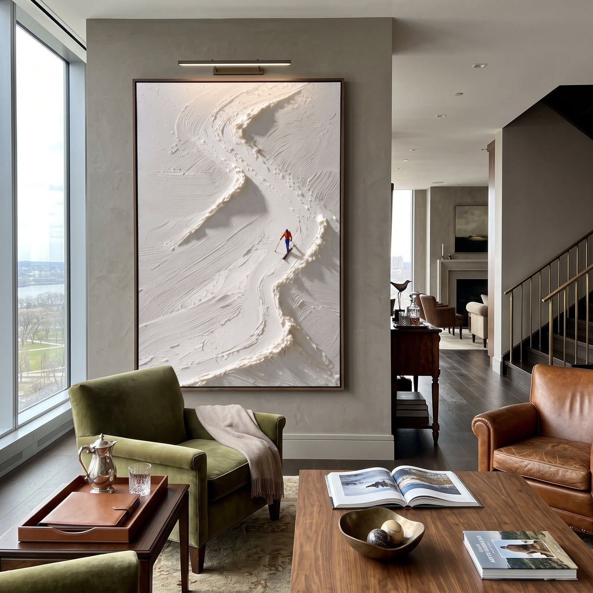Carved Ski Tracks With Pine Shadows focuses on a forest-framed ski descent with clustered pines and winding carved tracks. The artwork shows a winter ski scene built from the actual image: visible downhill figures, curved snow tracks, raised ridgelines, and alpine space arranged in a tall composition. The white, blue, gray palette gives the piece a cold mountain atmosphere while the thick impasto surface creates shadows along each snowbank, ski line, and textured ridge. This is presented as