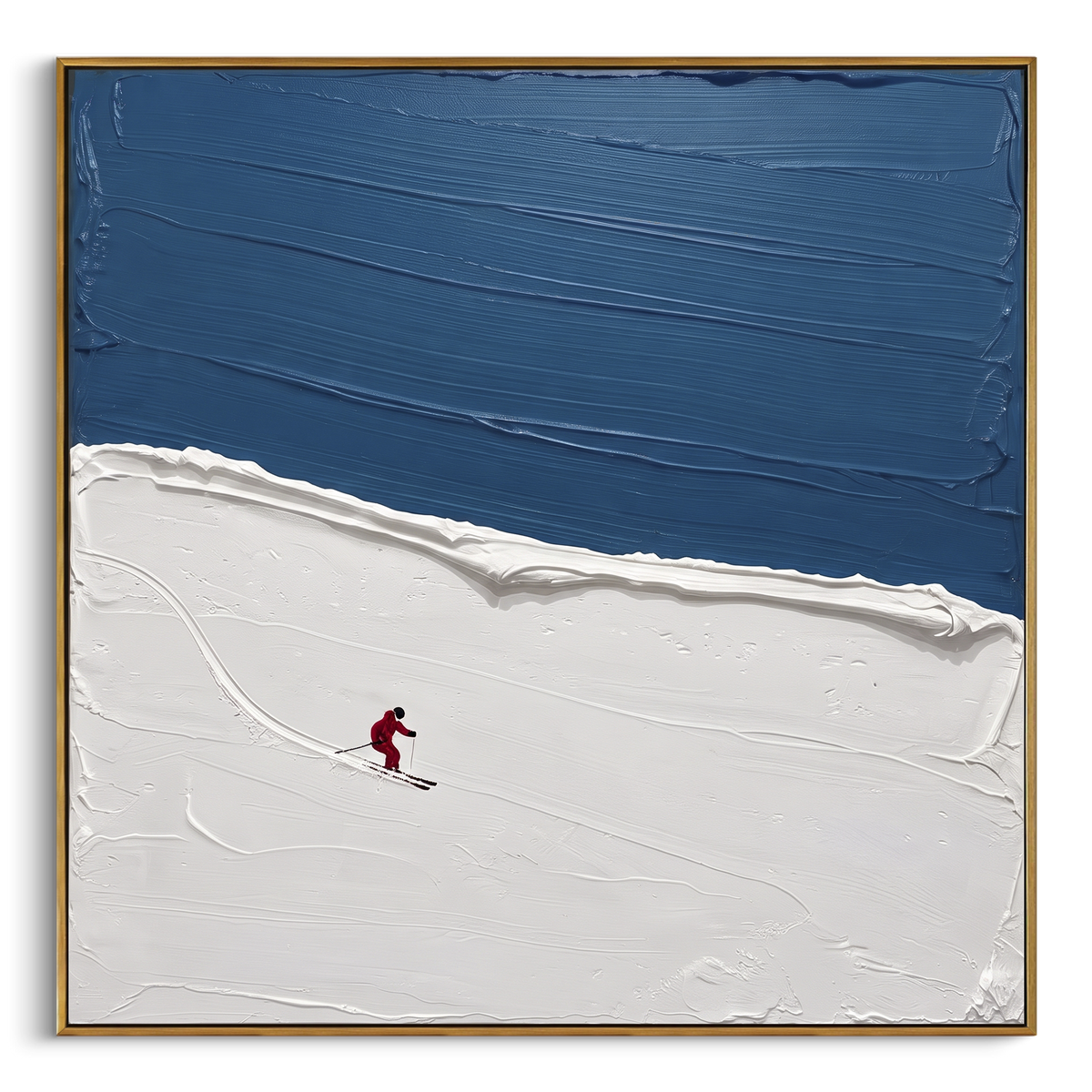 Blue Ridge Solo Skier focuses on one red skier crossing a quiet blue ridge below a deep winter sky. The artwork shows a winter ski scene built from the actual image: visible downhill figures, curved snow tracks, raised ridgelines, and alpine space arranged in a balanced composition. The blue, white, red palette gives the piece a cold mountain atmosphere while the thick impasto surface creates shadows along each snowbank, ski line, and textured ridge. This is presented as hand-painted textured
