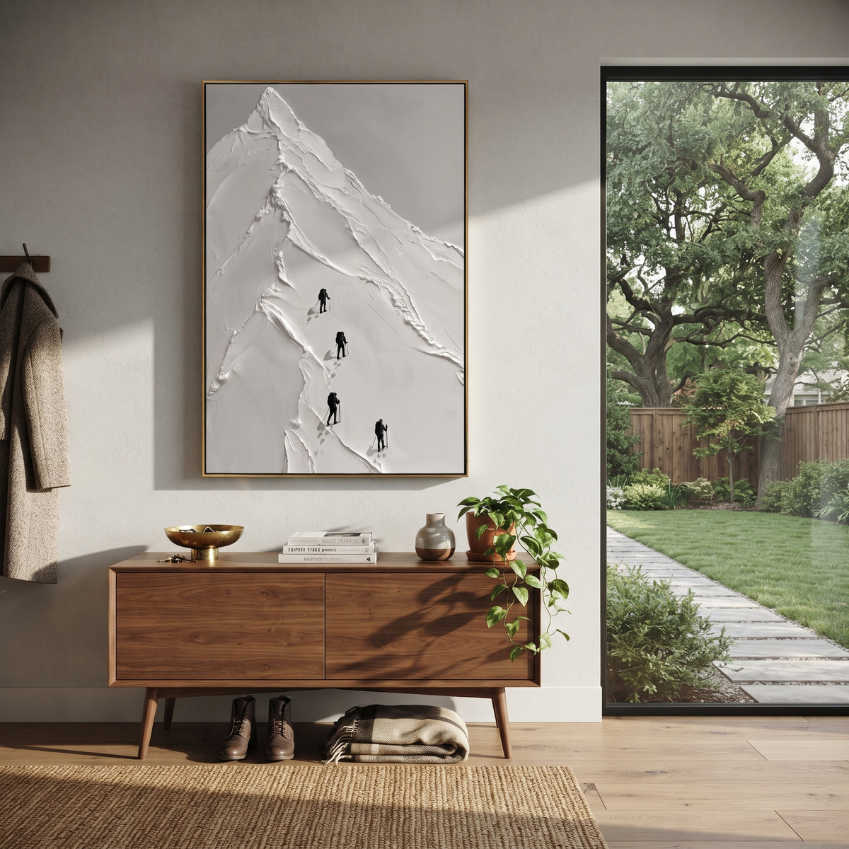 White Peak Climber Skiers focuses on four dark skiers climbing along a tall triangular white peak. The artwork shows a winter ski scene built from the actual image: visible downhill figures, curved snow tracks, raised ridgelines, and alpine space arranged in a tall composition. The white, gray, black palette gives the piece a cold mountain atmosphere while the thick impasto surface creates shadows along each snowbank, ski line, and textured ridge. This is presented as hand-painted textured