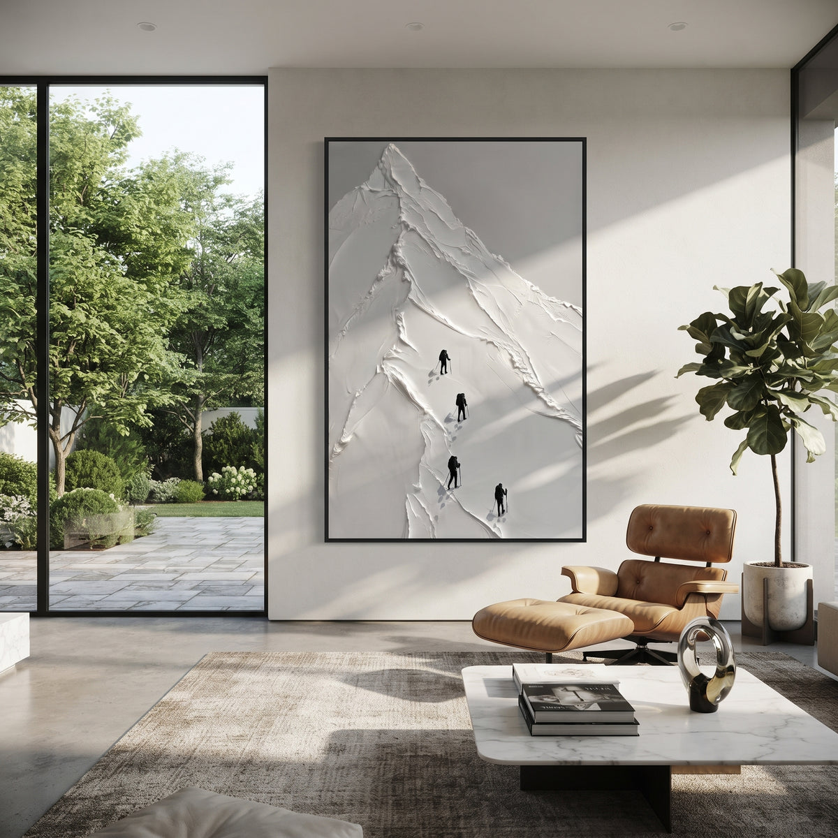 White Peak Climber Skiers focuses on four dark skiers climbing along a tall triangular white peak. The artwork shows a winter ski scene built from the actual image: visible downhill figures, curved snow tracks, raised ridgelines, and alpine space arranged in a tall composition. The white, gray, black palette gives the piece a cold mountain atmosphere while the thick impasto surface creates shadows along each snowbank, ski line, and textured ridge. This is presented as hand-painted textured