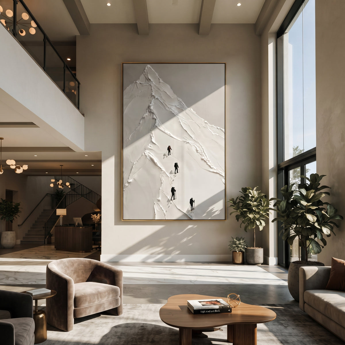 White Peak Climber Skiers focuses on four dark skiers climbing along a tall triangular white peak. The artwork shows a winter ski scene built from the actual image: visible downhill figures, curved snow tracks, raised ridgelines, and alpine space arranged in a tall composition. The white, gray, black palette gives the piece a cold mountain atmosphere while the thick impasto surface creates shadows along each snowbank, ski line, and textured ridge. This is presented as hand-painted textured