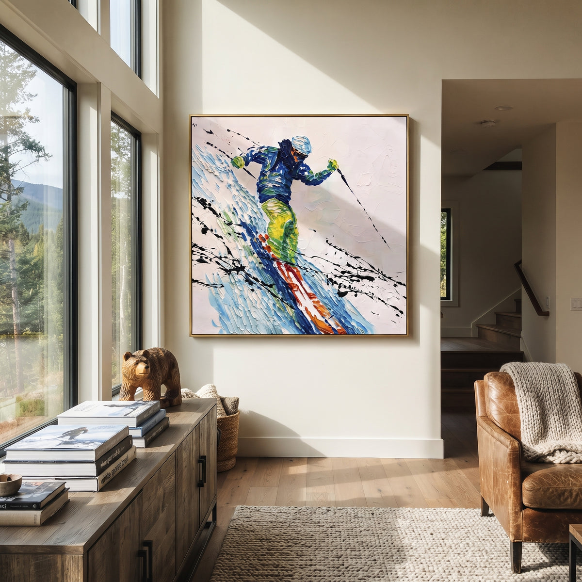 Green Jacket Carving Skier focuses on a bold green and blue skier leaning through a fast powder carve. The artwork shows a winter ski scene built from the actual image: visible downhill figures, curved snow tracks, raised ridgelines, and alpine space arranged in a balanced composition. The green, blue, white palette gives the piece a cold mountain atmosphere while the thick impasto surface creates shadows along each snowbank, ski line, and textured ridge. This is presented as hand-painted