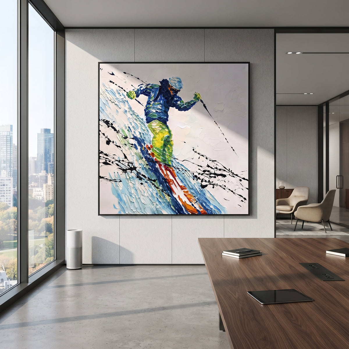 Green Jacket Carving Skier focuses on a bold green and blue skier leaning through a fast powder carve. The artwork shows a winter ski scene built from the actual image: visible downhill figures, curved snow tracks, raised ridgelines, and alpine space arranged in a balanced composition. The green, blue, white palette gives the piece a cold mountain atmosphere while the thick impasto surface creates shadows along each snowbank, ski line, and textured ridge. This is presented as hand-painted