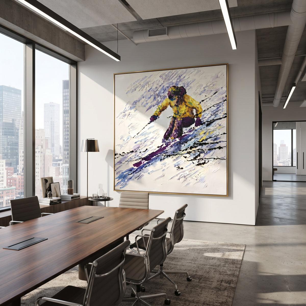 Yellow Jacket Carving Skier focuses on a yellow jacket skier leaning hard across violet and black speed marks. The artwork shows a winter ski scene built from the actual image: visible downhill figures, curved snow tracks, raised ridgelines, and alpine space arranged in a balanced composition. The yellow, purple, white palette gives the piece a cold mountain atmosphere while the thick impasto surface creates shadows along each snowbank, ski line, and textured ridge. This is presented as