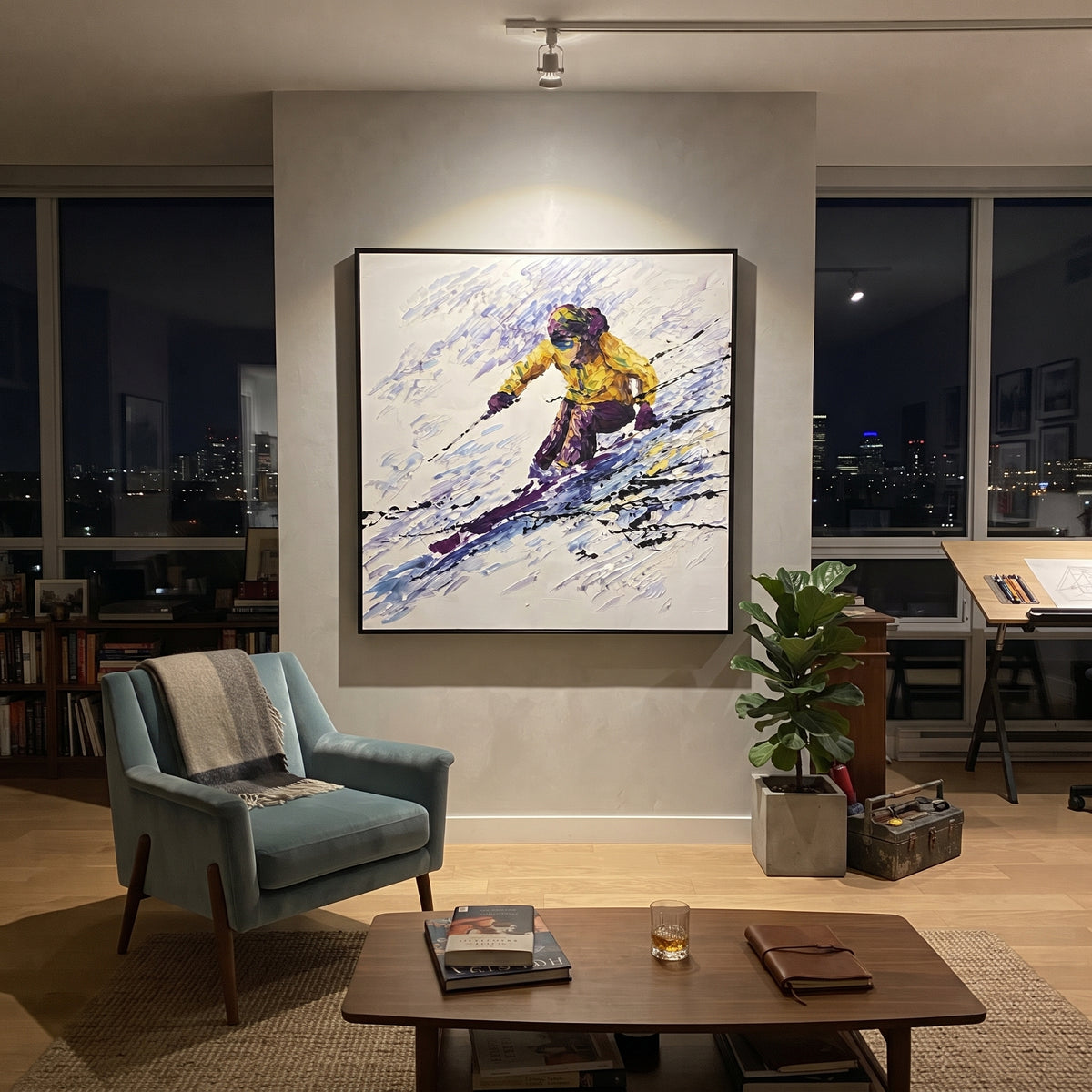 Yellow Jacket Carving Skier focuses on a yellow jacket skier leaning hard across violet and black speed marks. The artwork shows a winter ski scene built from the actual image: visible downhill figures, curved snow tracks, raised ridgelines, and alpine space arranged in a balanced composition. The yellow, purple, white palette gives the piece a cold mountain atmosphere while the thick impasto surface creates shadows along each snowbank, ski line, and textured ridge. This is presented as