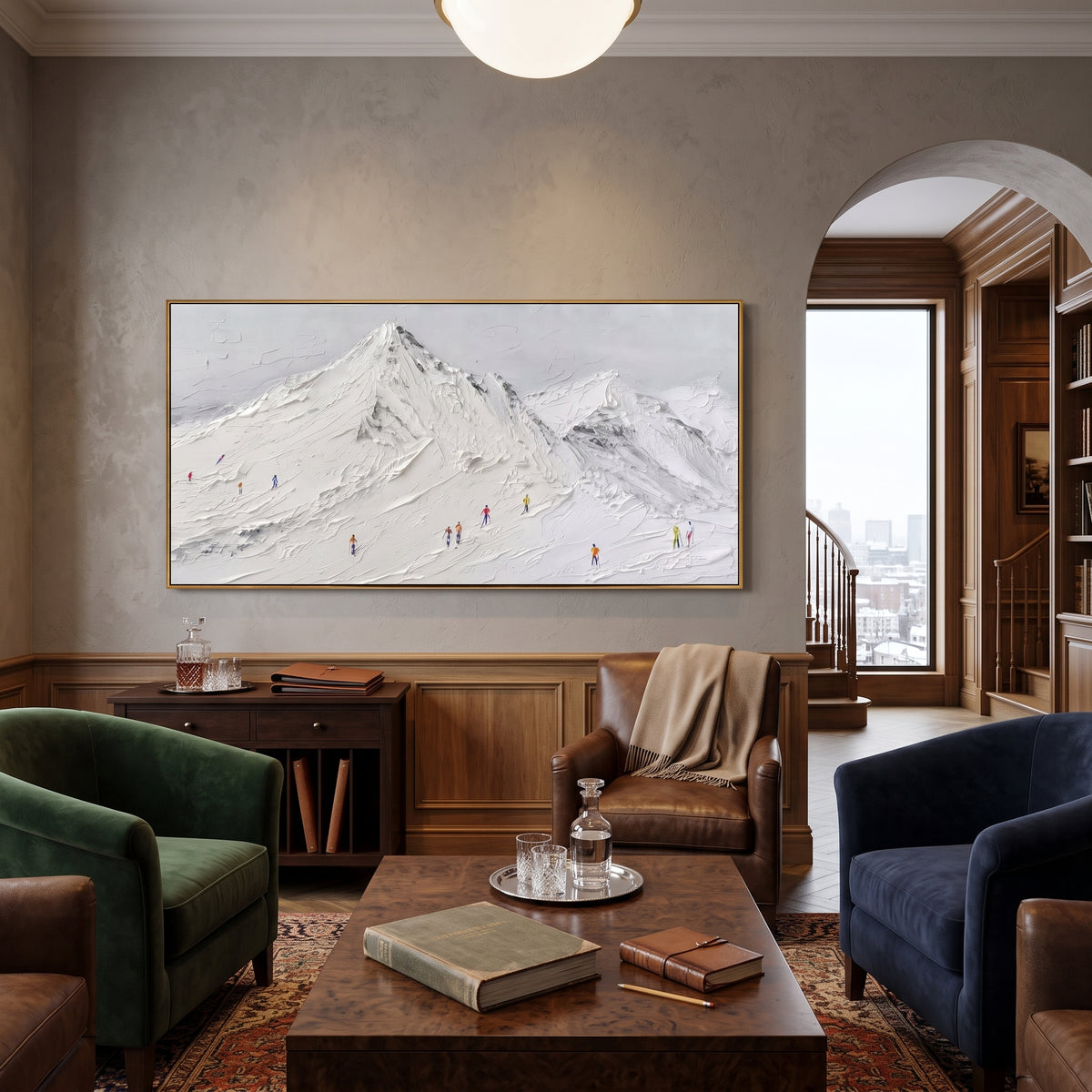 White Mountain Base Skiers focuses on a white mountain ridge with many colored skiers spread across the base. The artwork shows a winter ski scene built from the actual image: visible downhill figures, curved snow tracks, raised ridgelines, and alpine space arranged in a wide composition. The white, gray, red palette gives the piece a cold mountain atmosphere while the thick impasto surface creates shadows along each snowbank, ski line, and textured ridge. This is presented as hand-painted