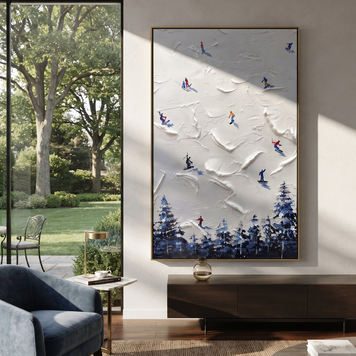 Valley Skiers With Blue Tracks focuses on colored skiers crossing raised white snow tracks between dark pine edges. The artwork shows a winter ski scene built from the actual image: visible downhill figures, curved snow tracks, raised ridgelines, and alpine space arranged in a tall composition. The white, blue, gray palette gives the piece a cold mountain atmosphere while the thick impasto surface creates shadows along each snowbank, ski line, and textured ridge. This is presented as