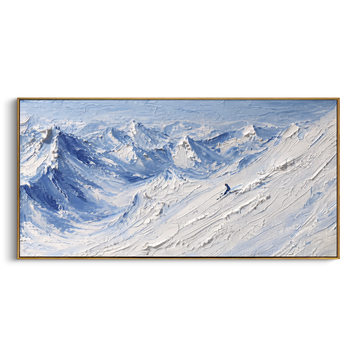 Misty Alpine Descent With Pine Shadows focuses on a forest-framed ski descent with clustered pines and winding carved tracks. The artwork shows a winter ski scene built from the actual image: visible downhill figures, curved snow tracks, raised ridgelines, and alpine space arranged in a wide composition. The white, green, blue palette gives the piece a cold mountain atmosphere while the thick impasto surface creates shadows along each snowbank, ski line, and textured ridge. This is presented as