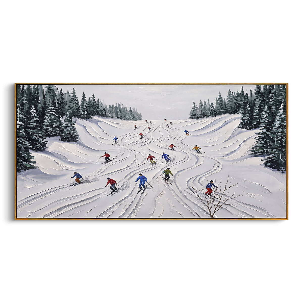 Crisp Snow Corridors With Pine Shadows focuses on a busy resort slope with many tiny figures following separate downhill lines. The artwork shows a winter ski scene built from the actual image: visible downhill figures, curved snow tracks, raised ridgelines, and alpine space arranged in a wide composition. The white, green, blue palette gives the piece a cold mountain atmosphere while the thick impasto surface creates shadows along each snowbank, ski line, and textured ridge. This is presented