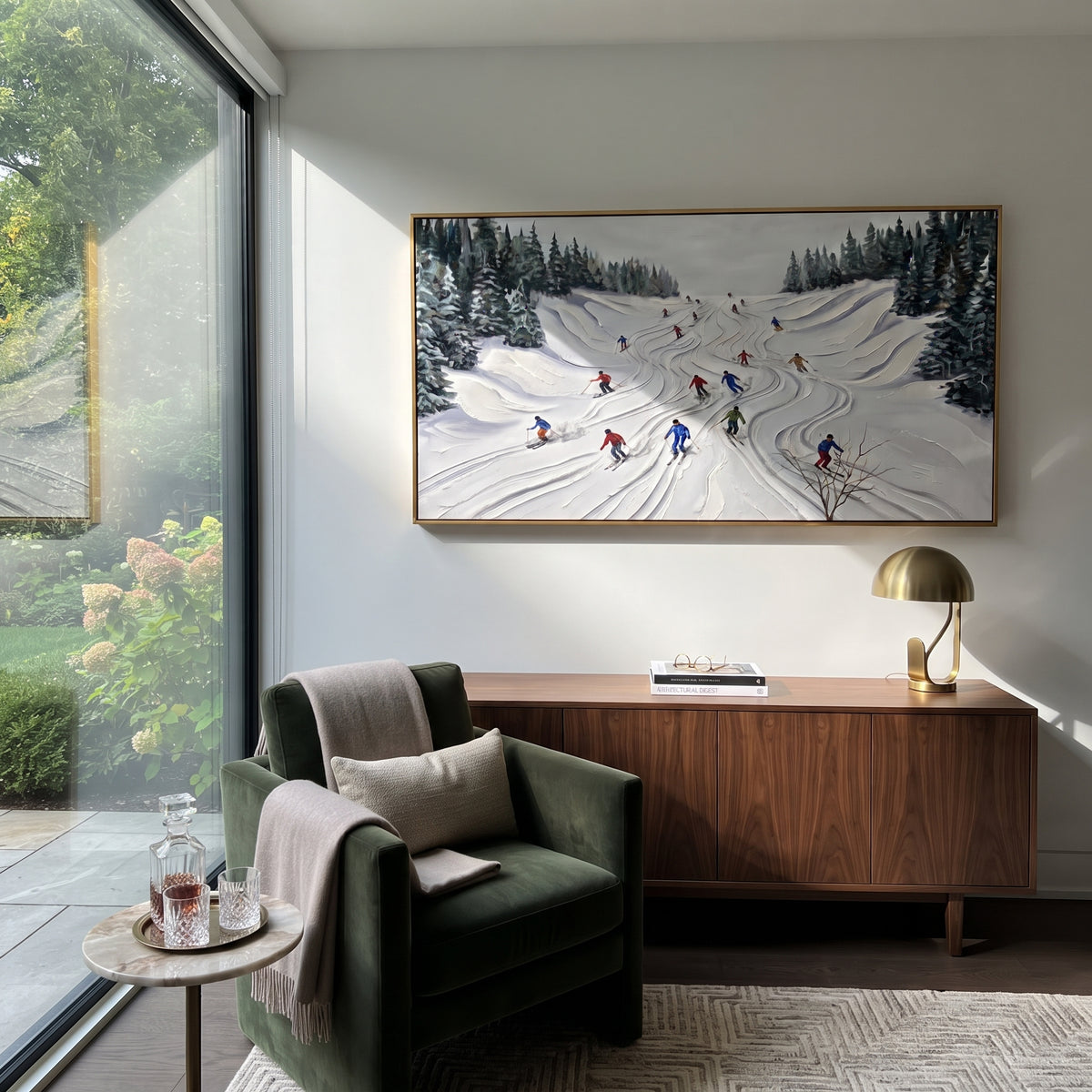 Crisp Snow Corridors With Pine Shadows focuses on a busy resort slope with many tiny figures following separate downhill lines. The artwork shows a winter ski scene built from the actual image: visible downhill figures, curved snow tracks, raised ridgelines, and alpine space arranged in a wide composition. The white, green, blue palette gives the piece a cold mountain atmosphere while the thick impasto surface creates shadows along each snowbank, ski line, and textured ridge. This is presented