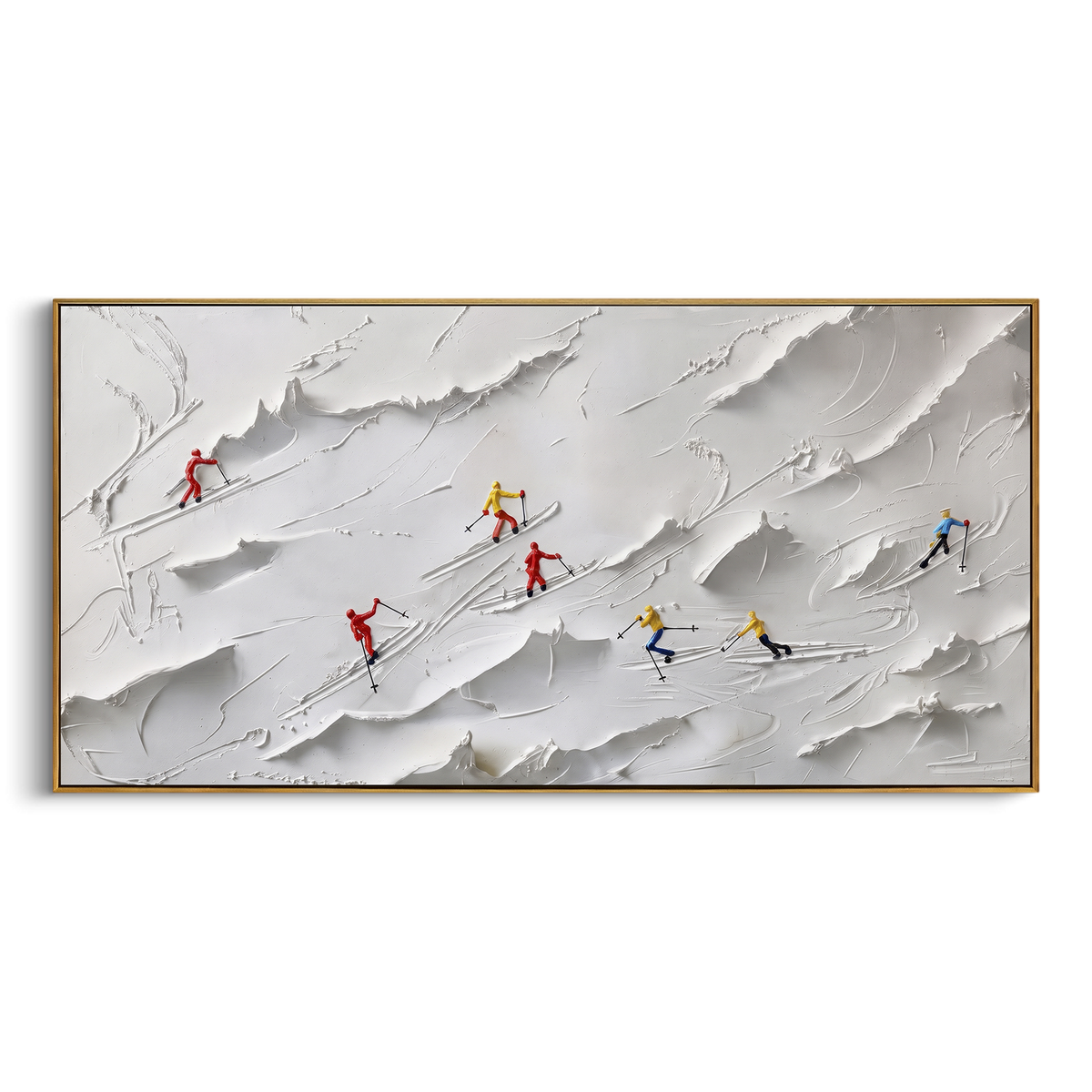 Trail Snow Corridors With Blue Tracks focuses on a forest-framed ski descent with clustered pines and winding carved tracks. The artwork shows a winter ski scene built from the actual image: visible downhill figures, curved snow tracks, raised ridgelines, and alpine space arranged in a wide composition. The white, blue, gray palette gives the piece a cold mountain atmosphere while the thick impasto surface creates shadows along each snowbank, ski line, and textured ridge. This is presented as