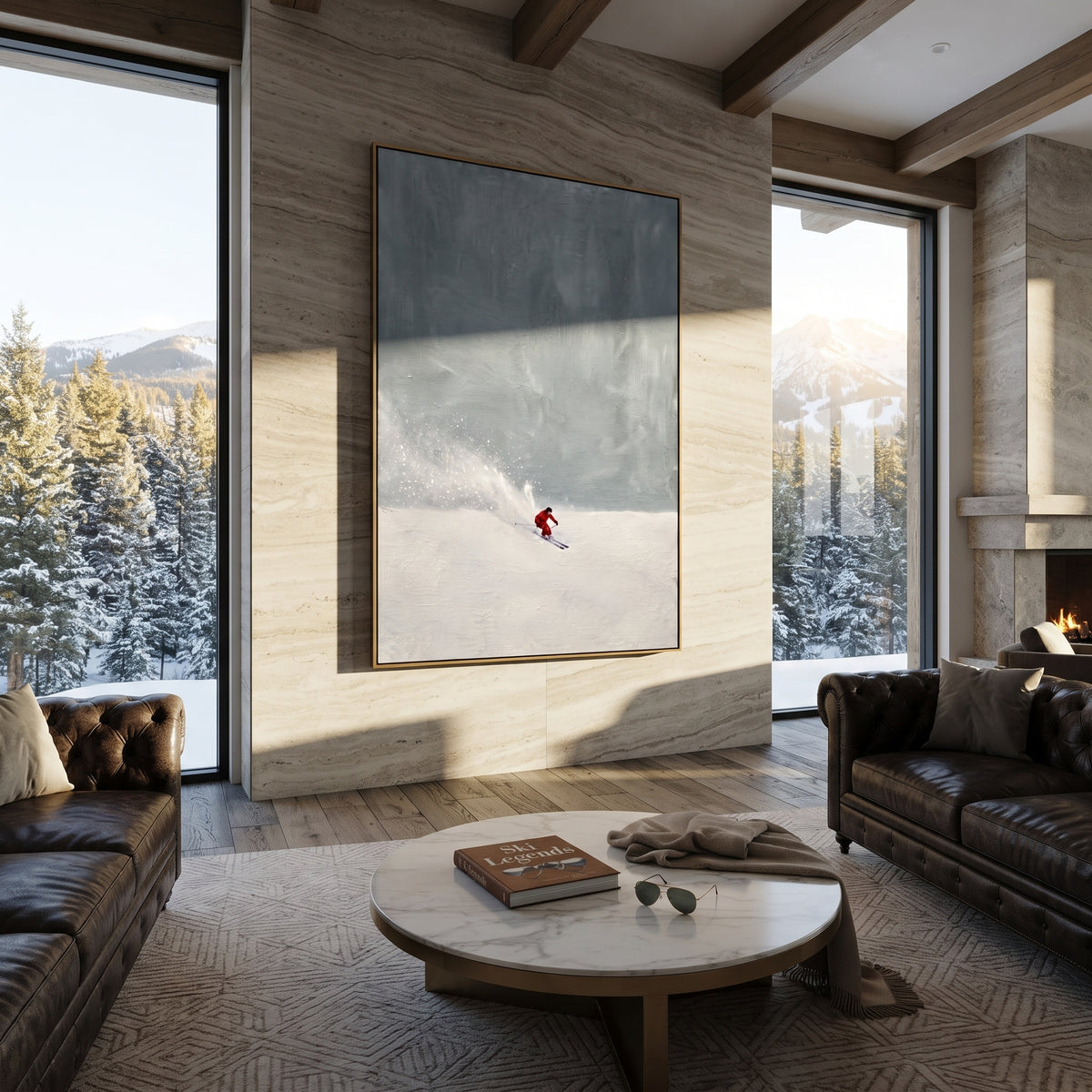 Red Skier Blue Mist focuses on a red skier crossing a low white slope beneath a broad blue misted sky. The artwork shows a winter ski scene built from the actual image: visible downhill figures, curved snow tracks, raised ridgelines, and alpine space arranged in a tall composition. The blue, white, red palette gives the piece a cold mountain atmosphere while the thick impasto surface creates shadows along each snowbank, ski line, and textured ridge. This is presented as hand-painted textured