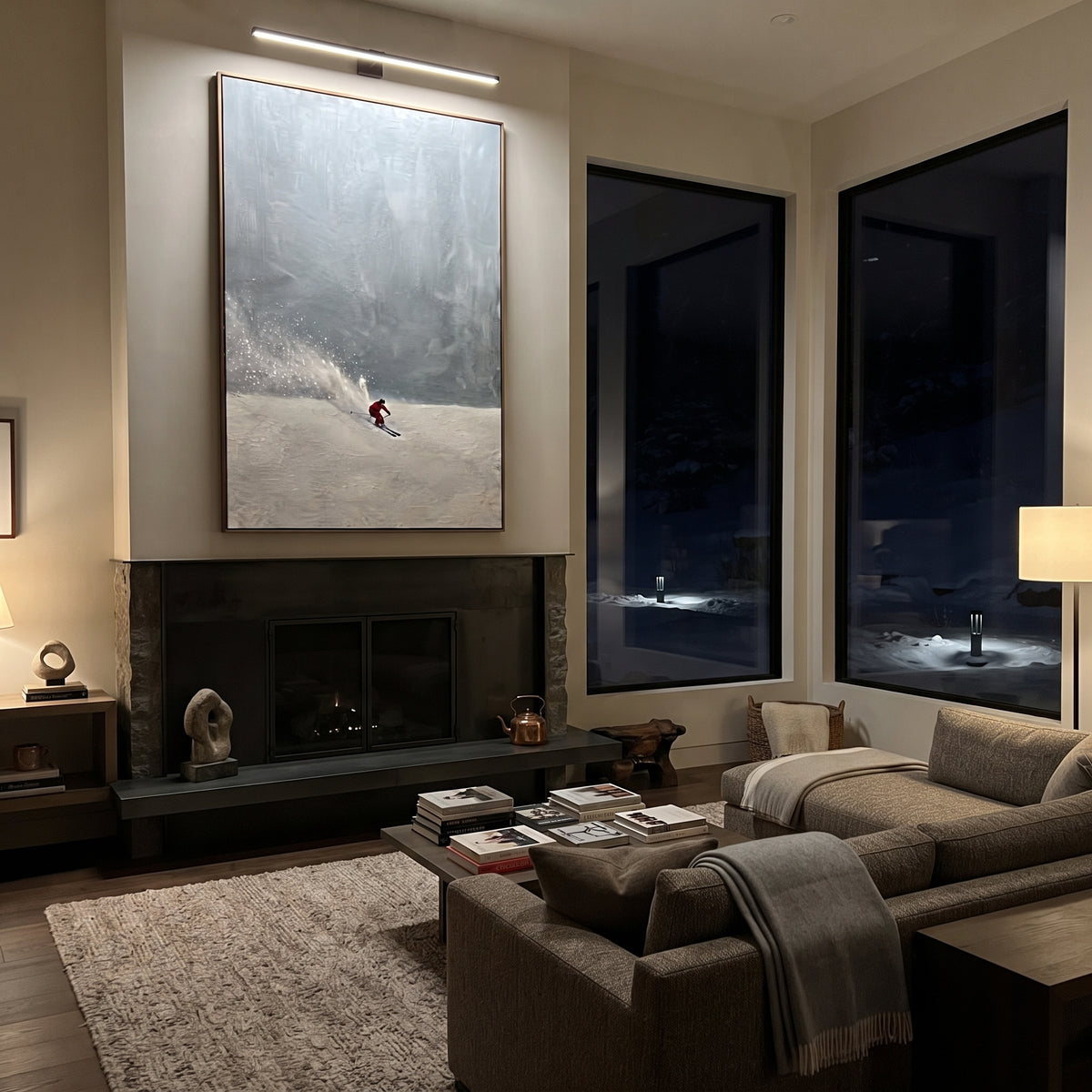 Red Skier Blue Mist focuses on a red skier crossing a low white slope beneath a broad blue misted sky. The artwork shows a winter ski scene built from the actual image: visible downhill figures, curved snow tracks, raised ridgelines, and alpine space arranged in a tall composition. The blue, white, red palette gives the piece a cold mountain atmosphere while the thick impasto surface creates shadows along each snowbank, ski line, and textured ridge. This is presented as hand-painted textured