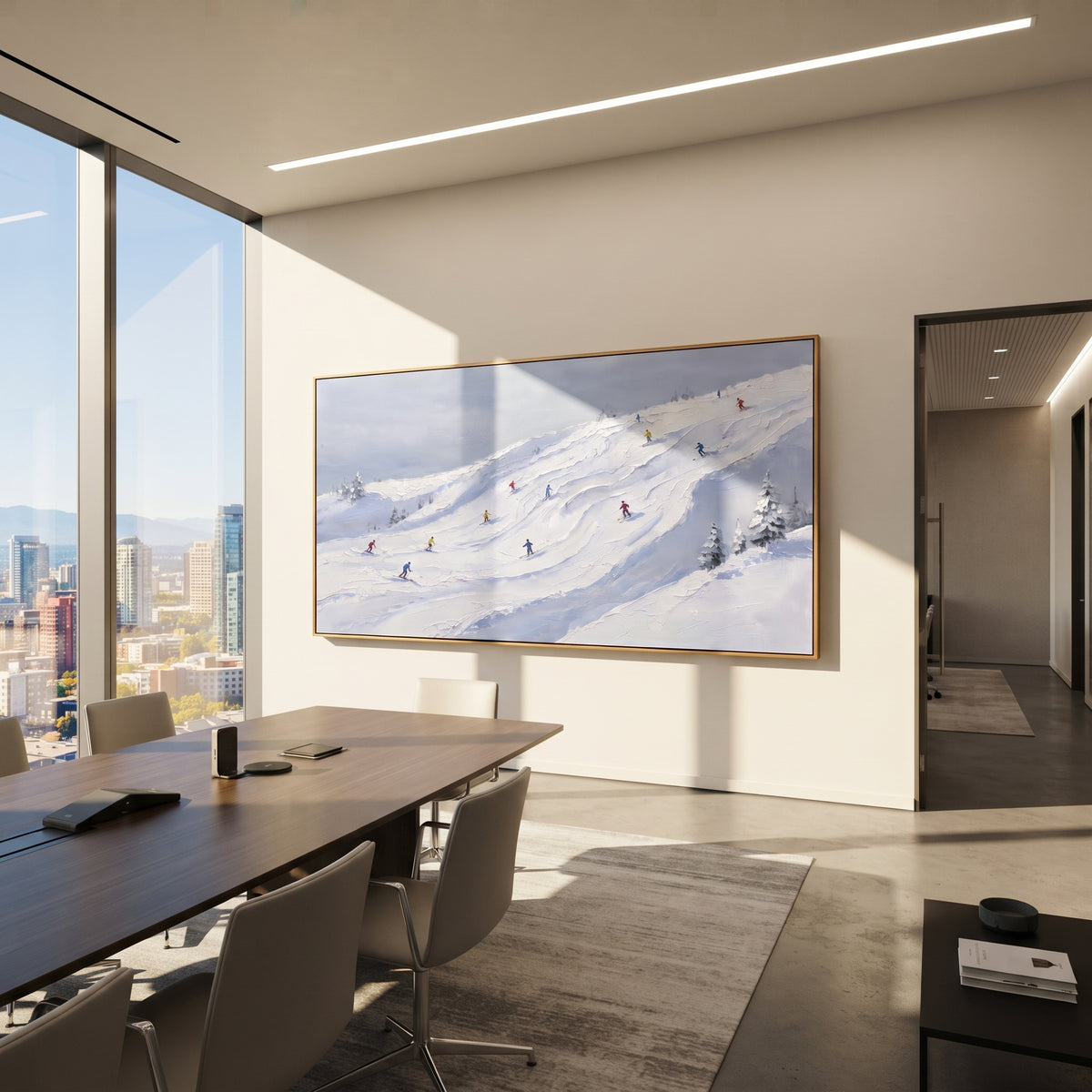 Ice Ski Tracks With Pine Shadows focuses on a forest-framed ski descent with clustered pines and winding carved tracks. The artwork shows a winter ski scene built from the actual image: visible downhill figures, curved snow tracks, raised ridgelines, and alpine space arranged in a wide composition. The white, beige, blue palette gives the piece a cold mountain atmosphere while the thick impasto surface creates shadows along each snowbank, ski line, and textured ridge. This is presented as