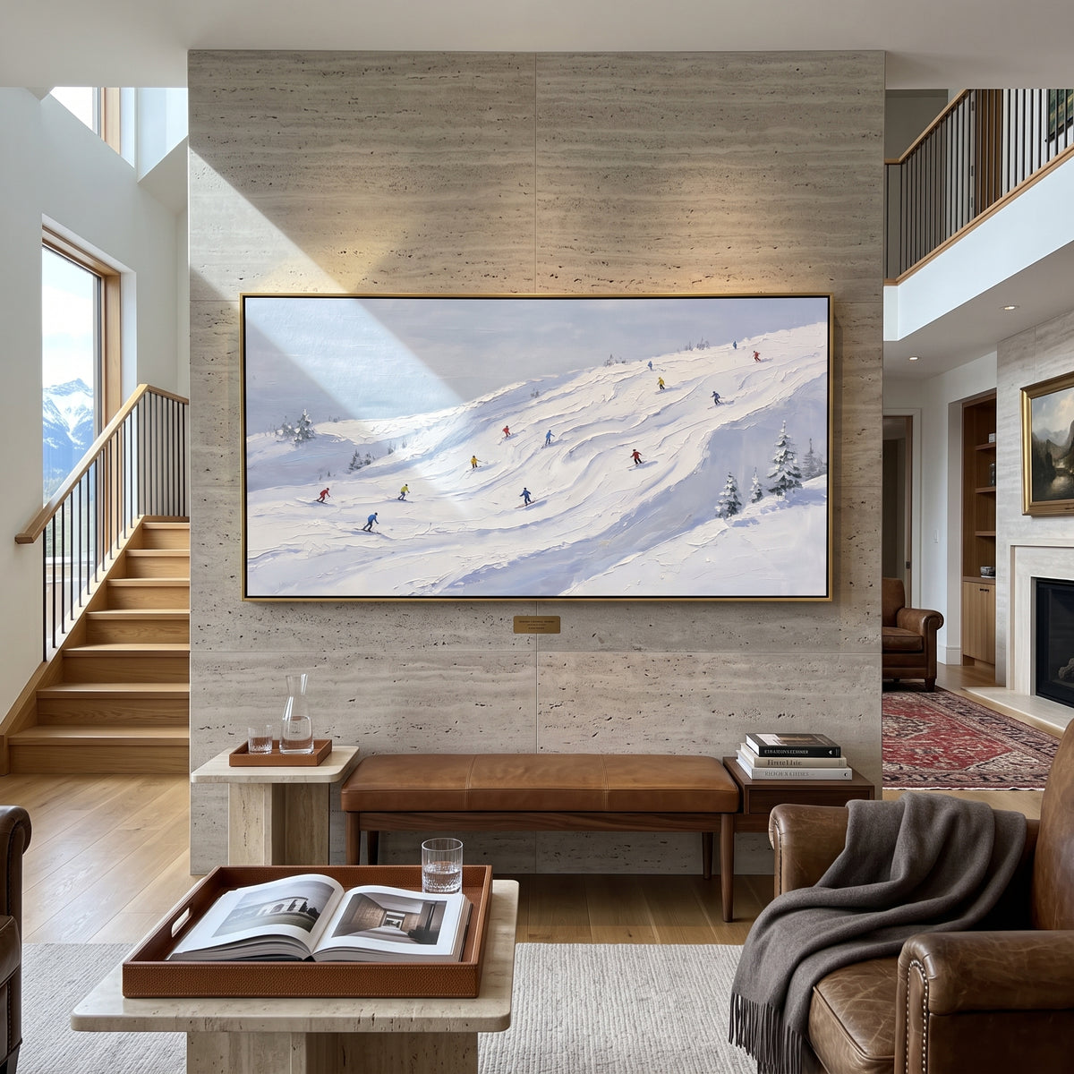 Ice Ski Tracks With Pine Shadows focuses on a forest-framed ski descent with clustered pines and winding carved tracks. The artwork shows a winter ski scene built from the actual image: visible downhill figures, curved snow tracks, raised ridgelines, and alpine space arranged in a wide composition. The white, beige, blue palette gives the piece a cold mountain atmosphere while the thick impasto surface creates shadows along each snowbank, ski line, and textured ridge. This is presented as
