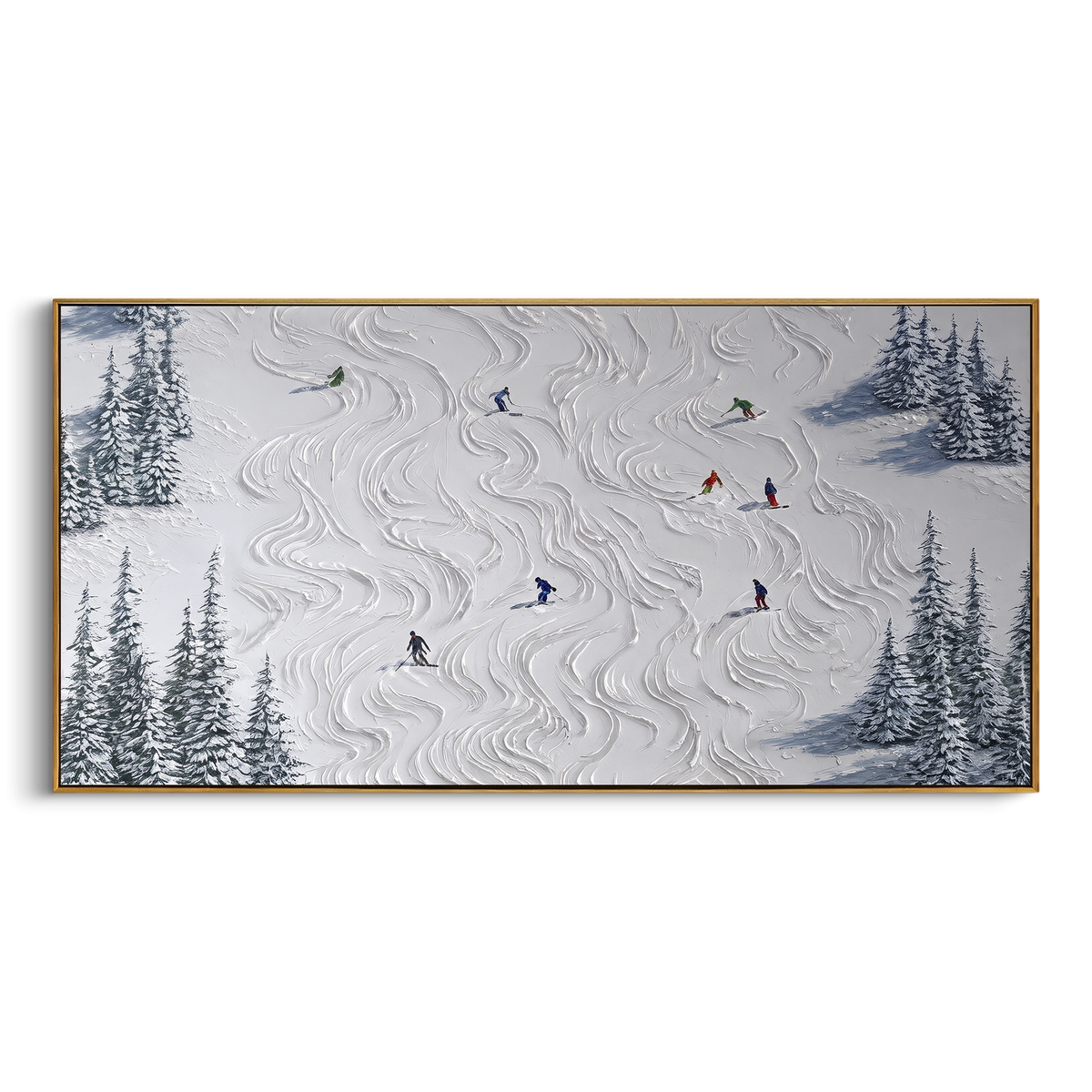 Resort Mountain Run With Blue Tracks focuses on a calm mountain basin with crisp tracks, snow shelves, and small skiers. The artwork shows a winter ski scene built from the actual image: visible downhill figures, curved snow tracks, raised ridgelines, and alpine space arranged in a wide composition. The blue, white, orange palette gives the piece a cold mountain atmosphere while the thick impasto surface creates shadows along each snowbank, ski line, and textured ridge. This is presented as