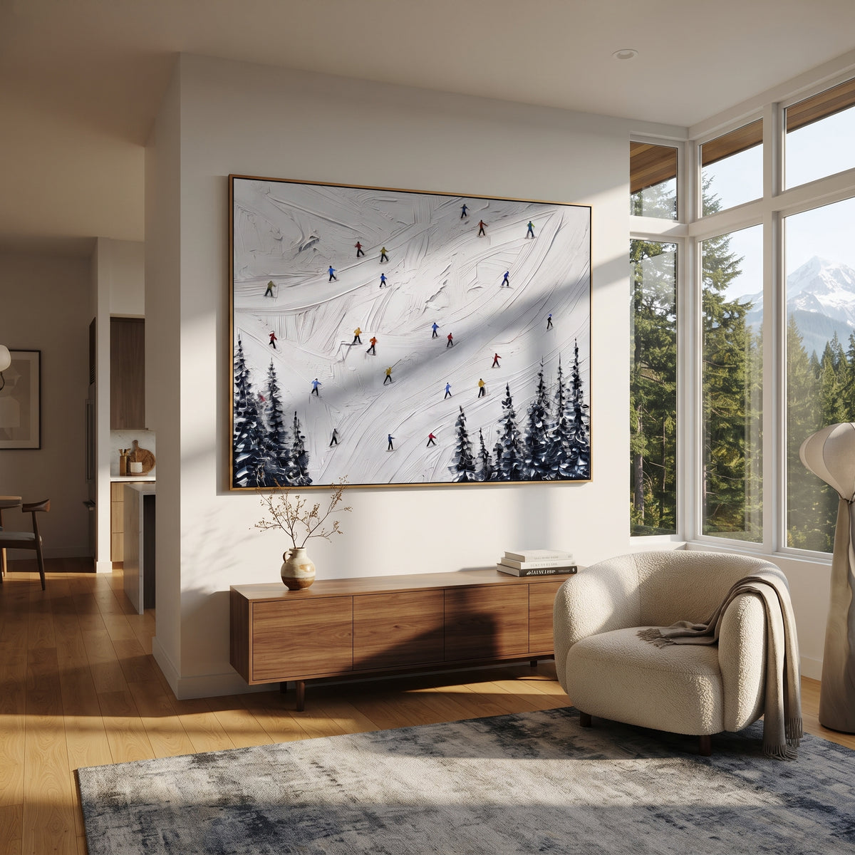 Mountain Winter Slope With Pine Shadows focuses on colored skiers crossing raised white snow tracks between dark pine edges. The artwork shows a winter ski scene built from the actual image: visible downhill figures, curved snow tracks, raised ridgelines, and alpine space arranged in a wide composition. The white, blue, gray palette gives the piece a cold mountain atmosphere while the thick impasto surface creates shadows along each snowbank, ski line, and textured ridge. This is presented as
