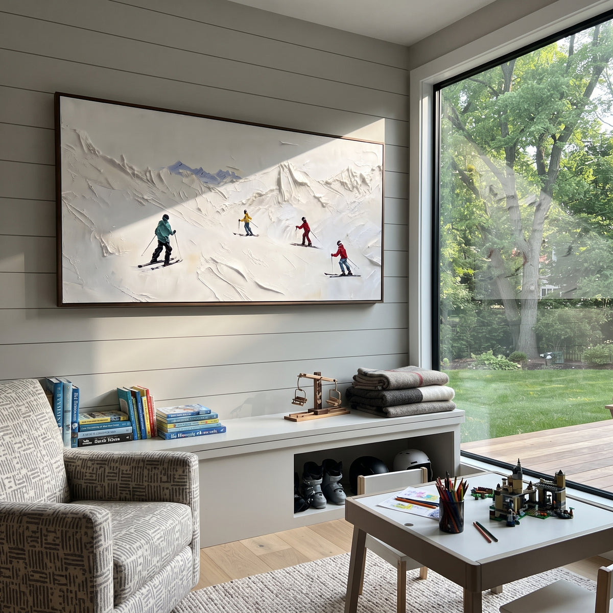 Forest Ski Run With Pine Shadows focuses on layered snow ridges, visible ski marks, and a quiet pine border. The artwork shows a winter ski scene built from the actual image: visible downhill figures, curved snow tracks, raised ridgelines, and alpine space arranged in a wide composition. The white, gray, blue palette gives the piece a cold mountain atmosphere while the thick impasto surface creates shadows along each snowbank, ski line, and textured ridge. This is presented as hand-painted