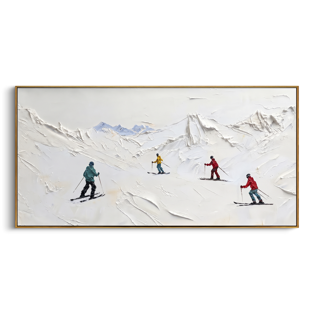 Forest Ski Run With Pine Shadows focuses on layered snow ridges, visible ski marks, and a quiet pine border. The artwork shows a winter ski scene built from the actual image: visible downhill figures, curved snow tracks, raised ridgelines, and alpine space arranged in a wide composition. The white, gray, blue palette gives the piece a cold mountain atmosphere while the thick impasto surface creates shadows along each snowbank, ski line, and textured ridge. This is presented as hand-painted