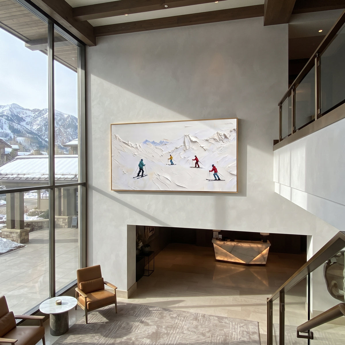 Forest Ski Run With Pine Shadows focuses on layered snow ridges, visible ski marks, and a quiet pine border. The artwork shows a winter ski scene built from the actual image: visible downhill figures, curved snow tracks, raised ridgelines, and alpine space arranged in a wide composition. The white, gray, blue palette gives the piece a cold mountain atmosphere while the thick impasto surface creates shadows along each snowbank, ski line, and textured ridge. This is presented as hand-painted