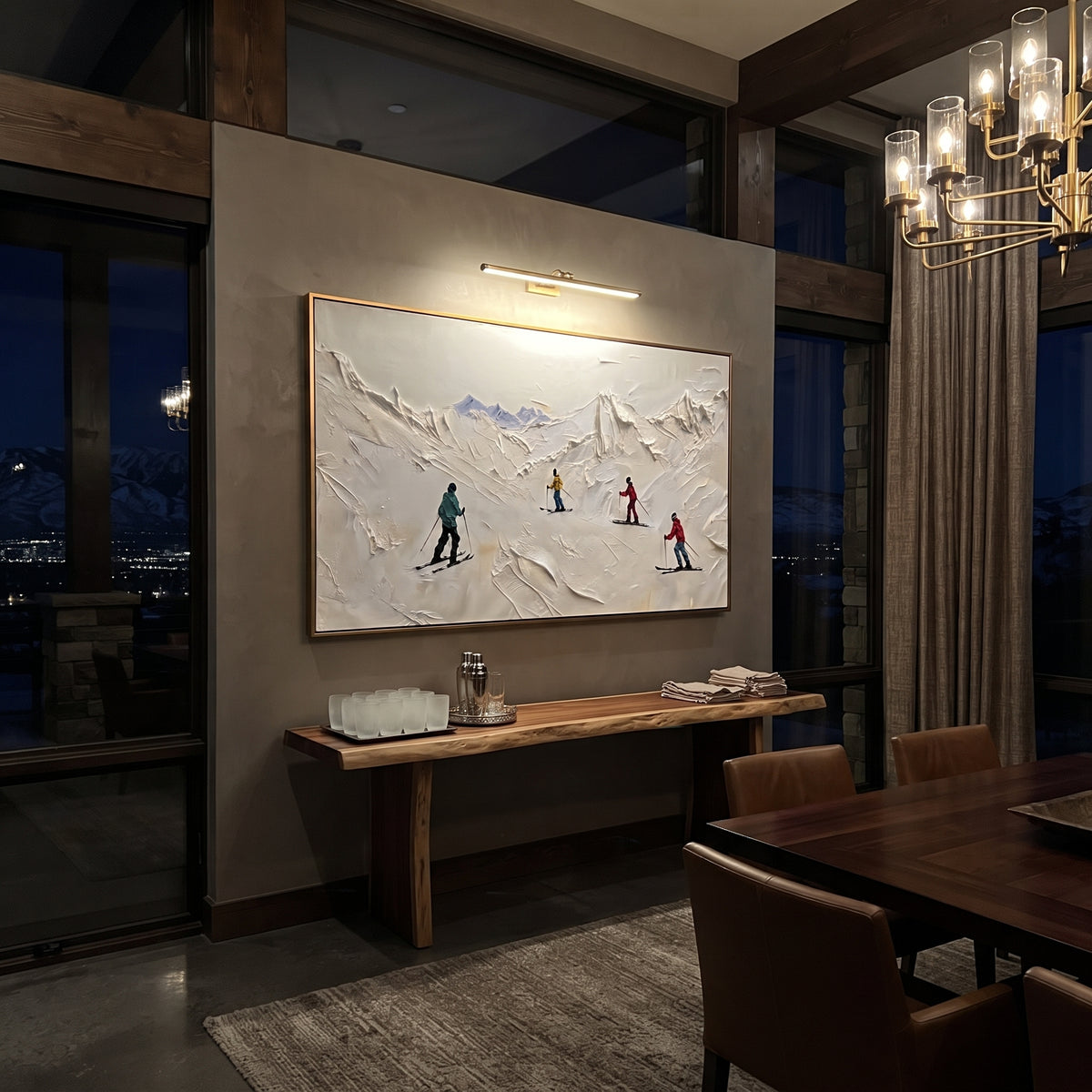 Forest Ski Run With Pine Shadows focuses on layered snow ridges, visible ski marks, and a quiet pine border. The artwork shows a winter ski scene built from the actual image: visible downhill figures, curved snow tracks, raised ridgelines, and alpine space arranged in a wide composition. The white, gray, blue palette gives the piece a cold mountain atmosphere while the thick impasto surface creates shadows along each snowbank, ski line, and textured ridge. This is presented as hand-painted