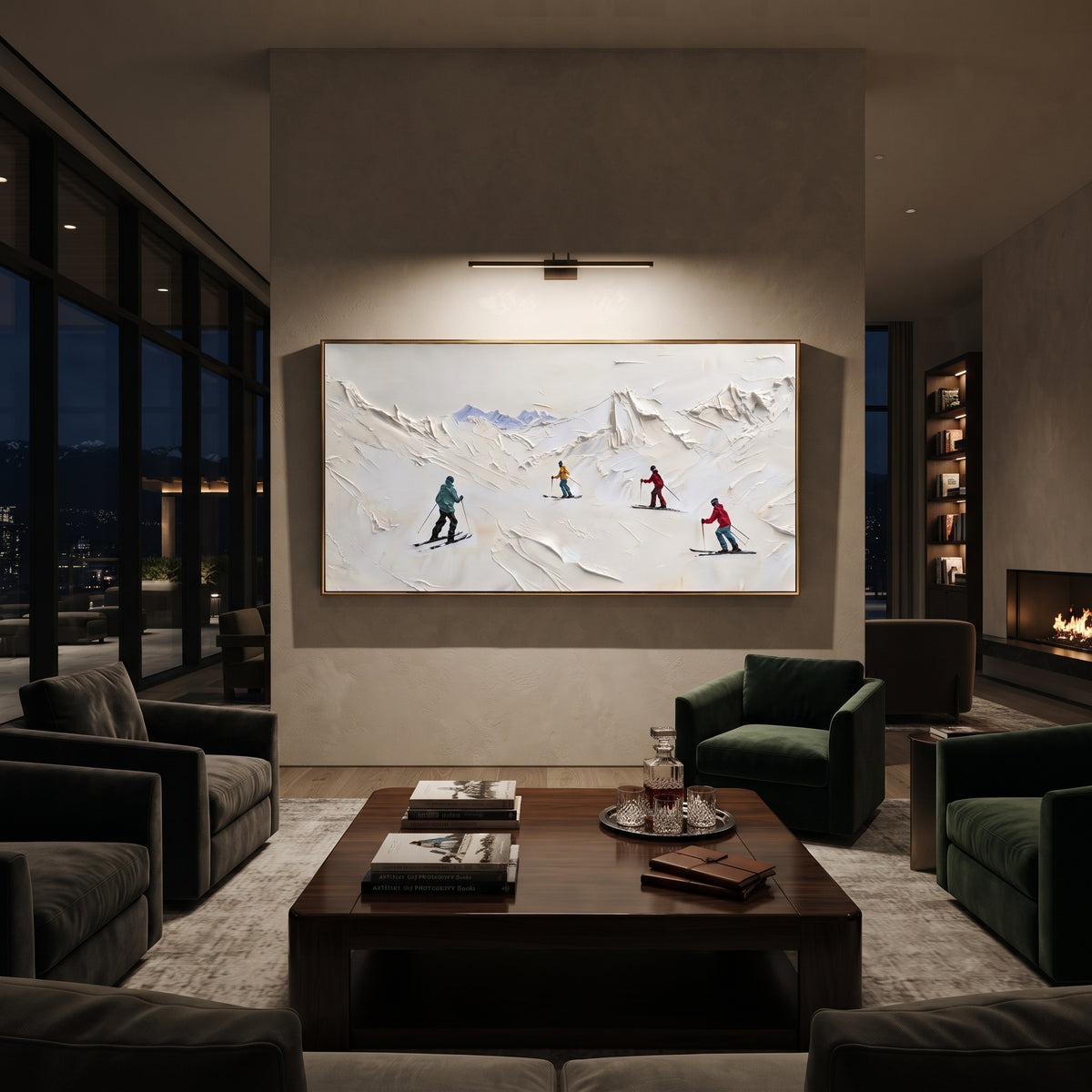 Forest Ski Run With Pine Shadows focuses on layered snow ridges, visible ski marks, and a quiet pine border. The artwork shows a winter ski scene built from the actual image: visible downhill figures, curved snow tracks, raised ridgelines, and alpine space arranged in a wide composition. The white, gray, blue palette gives the piece a cold mountain atmosphere while the thick impasto surface creates shadows along each snowbank, ski line, and textured ridge. This is presented as hand-painted