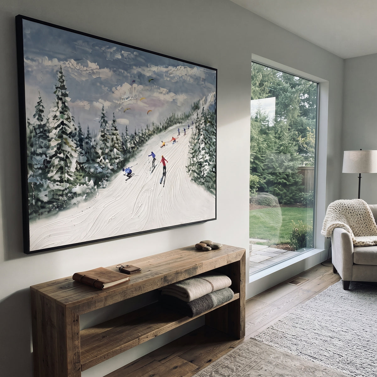 Green Pine Resort Run focuses on skiers descending a pale resort run bordered by green pines and distant mountains. The artwork shows a winter ski scene built from the actual image: visible downhill figures, curved snow tracks, raised ridgelines, and alpine space arranged in a wide composition. The green, white, blue palette gives the piece a cold mountain atmosphere while the thick impasto surface creates shadows along each snowbank, ski line, and textured ridge. This is presented as