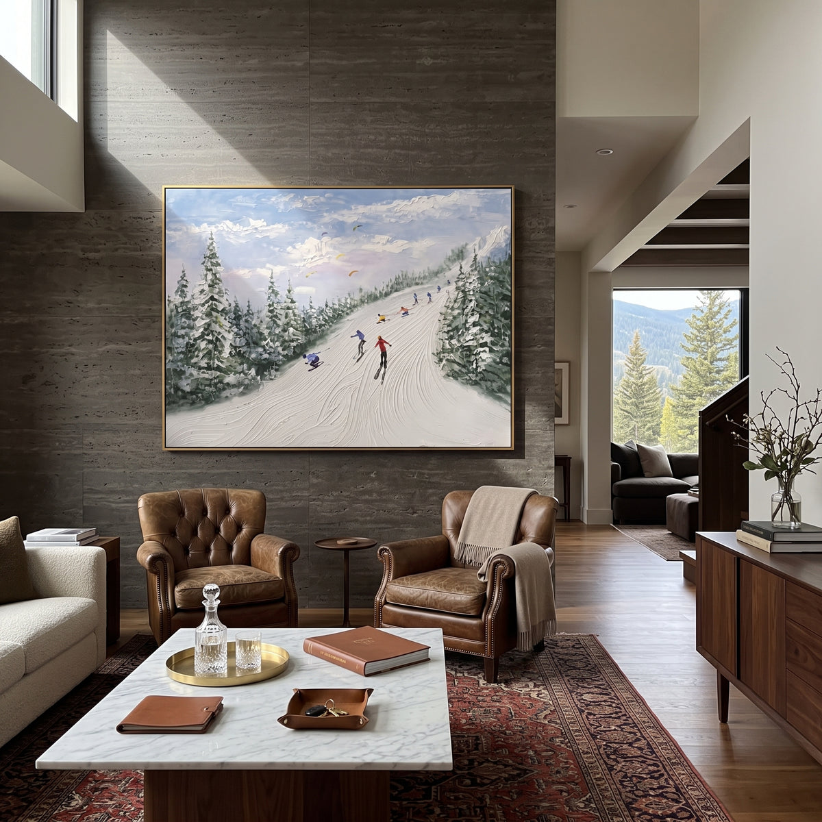 Green Pine Resort Run focuses on skiers descending a pale resort run bordered by green pines and distant mountains. The artwork shows a winter ski scene built from the actual image: visible downhill figures, curved snow tracks, raised ridgelines, and alpine space arranged in a wide composition. The green, white, blue palette gives the piece a cold mountain atmosphere while the thick impasto surface creates shadows along each snowbank, ski line, and textured ridge. This is presented as