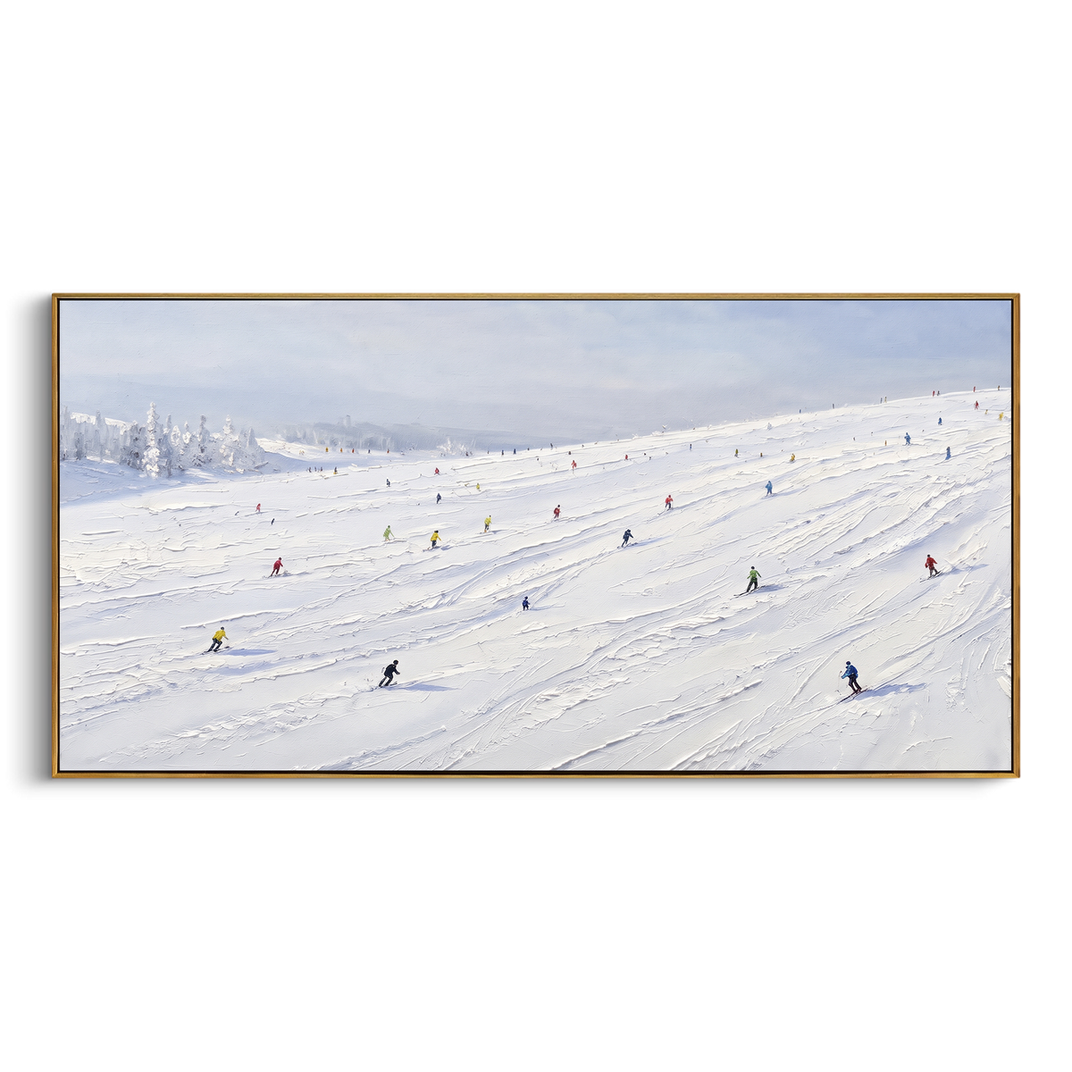 Snowfield Skiers With Distant Peaks focuses on colored skiers crossing raised white snow tracks between dark pine edges. The artwork shows a winter ski scene built from the actual image: visible downhill figures, curved snow tracks, raised ridgelines, and alpine space arranged in a wide composition. The white, beige, blue palette gives the piece a cold mountain atmosphere while the thick impasto surface creates shadows along each snowbank, ski line, and textured ridge. This is presented as