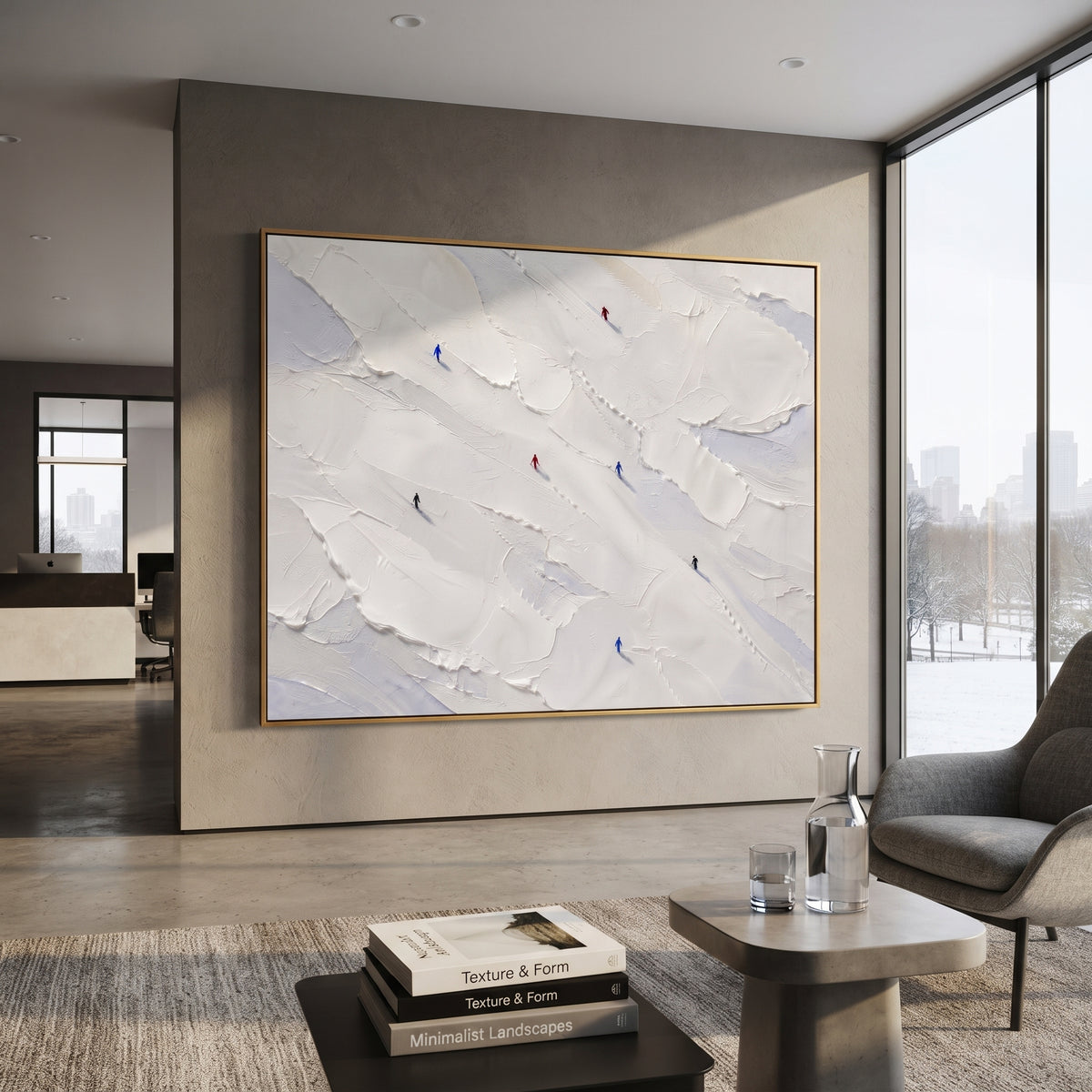 Frosted Pine Slope With Pine Shadows focuses on layered snow ridges, visible ski marks, and a quiet pine border. The artwork shows a winter ski scene built from the actual image: visible downhill figures, curved snow tracks, raised ridgelines, and alpine space arranged in a wide composition. The blue, white, orange palette gives the piece a cold mountain atmosphere while the thick impasto surface creates shadows along each snowbank, ski line, and textured ridge. This is presented as hand-painted