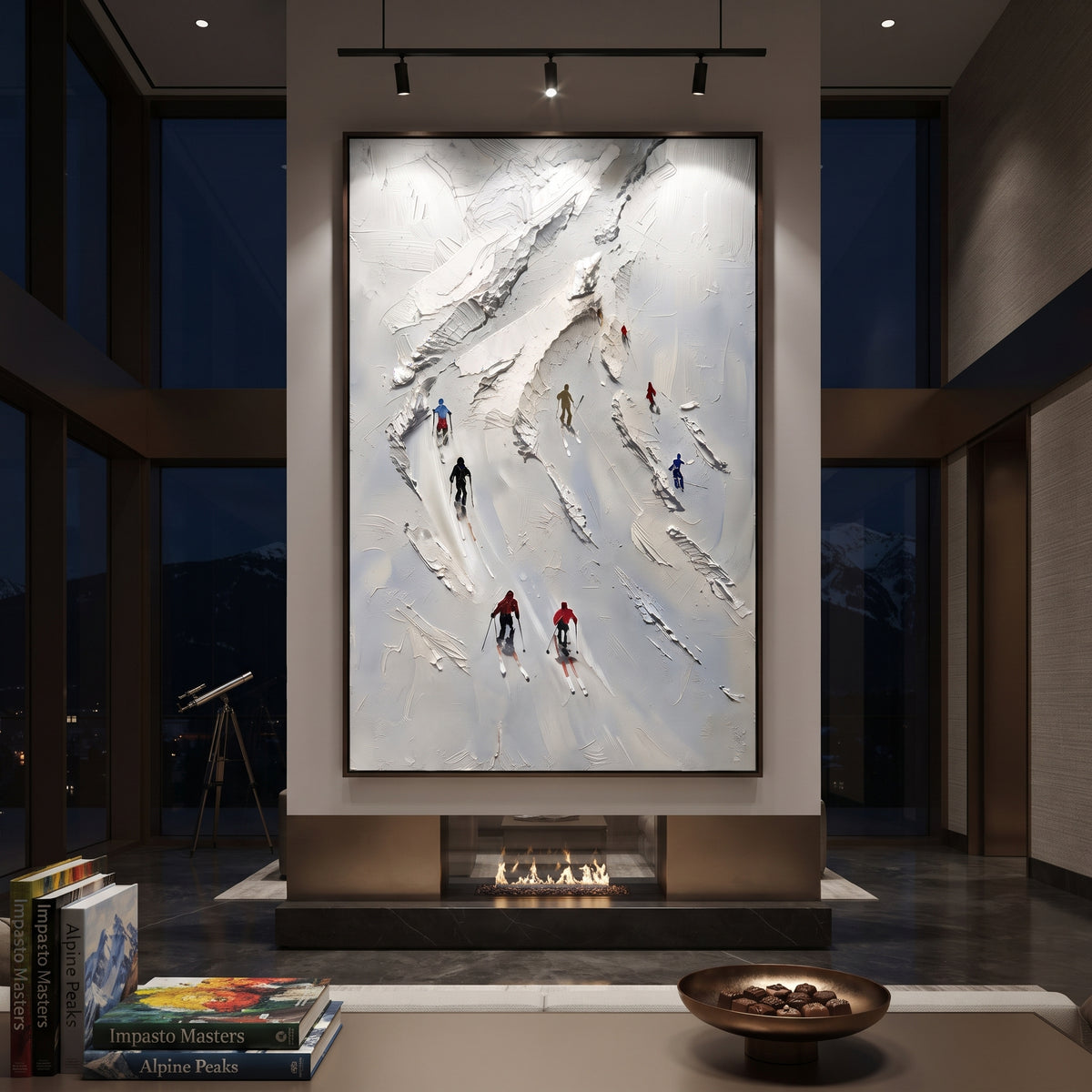 Summit Alpine Descent With Pine Shadows focuses on a forest-framed ski descent with clustered pines and winding carved tracks. The artwork shows a winter ski scene built from the actual image: visible downhill figures, curved snow tracks, raised ridgelines, and alpine space arranged in a tall composition. The white, blue, gray palette gives the piece a cold mountain atmosphere while the thick impasto surface creates shadows along each snowbank, ski line, and textured ridge. This is presented as