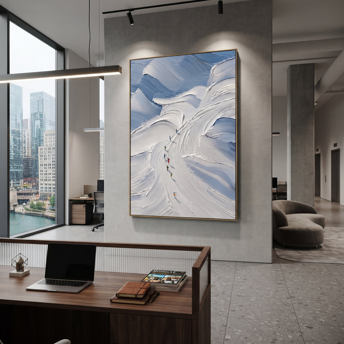 Pine Texture Run With Blue Tracks focuses on a calm mountain basin with crisp tracks, snow shelves, and small skiers. The artwork shows a winter ski scene built from the actual image: visible downhill figures, curved snow tracks, raised ridgelines, and alpine space arranged in a tall composition. The white, gray, blue palette gives the piece a cold mountain atmosphere while the thick impasto surface creates shadows along each snowbank, ski line, and textured ridge. This is presented as