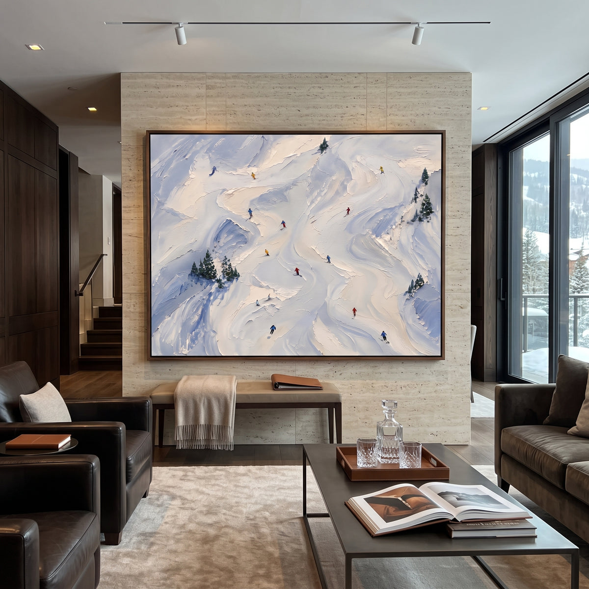 Glacier Ridge Skiers With Pine Shadows focuses on colored skiers crossing raised white snow tracks between dark pine edges. The artwork shows a winter ski scene built from the actual image: visible downhill figures, curved snow tracks, raised ridgelines, and alpine space arranged in a wide composition. The white, green, blue palette gives the piece a cold mountain atmosphere while the thick impasto surface creates shadows along each snowbank, ski line, and textured ridge. This is presented as